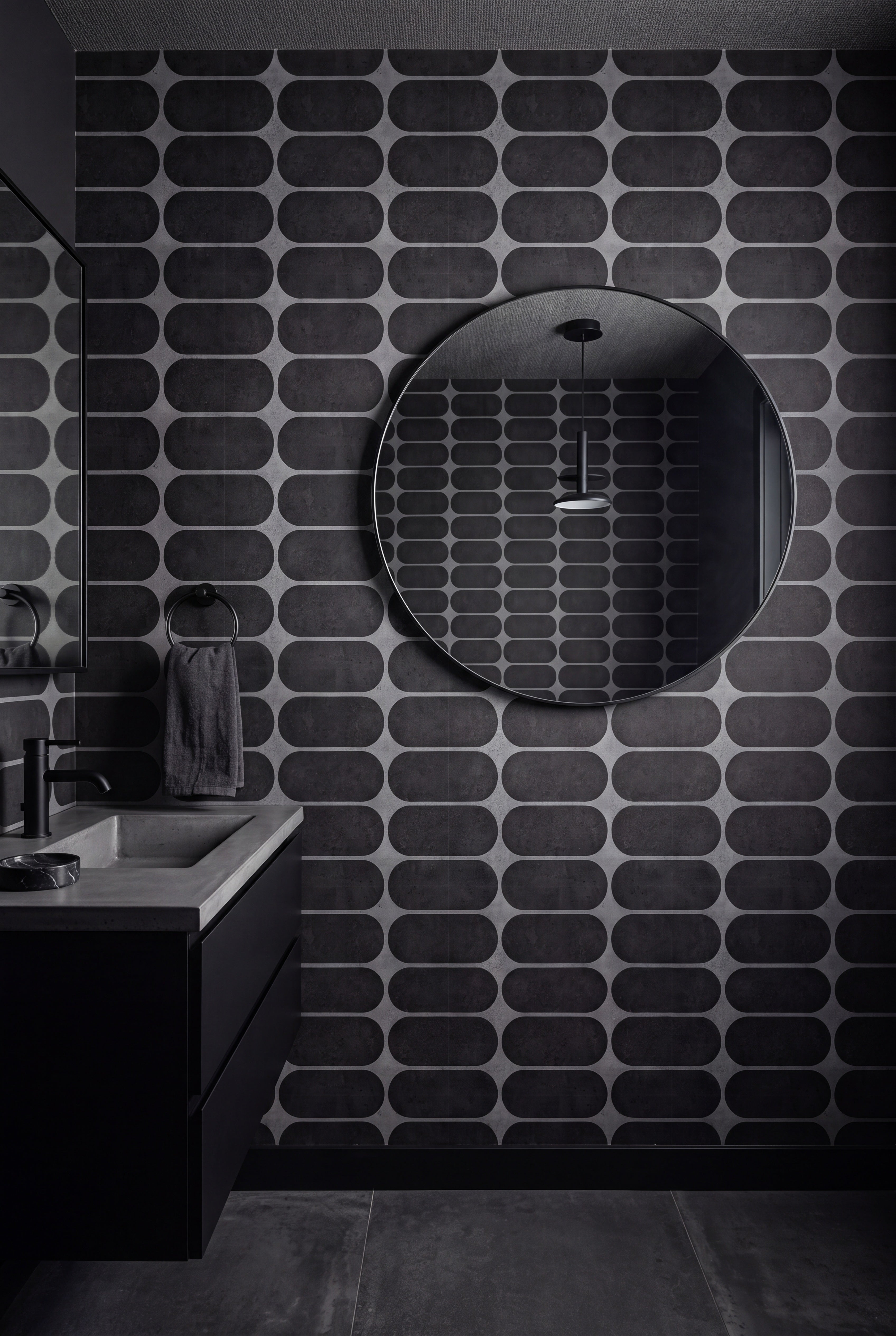Deco Noir wallpaper shown in a powder room