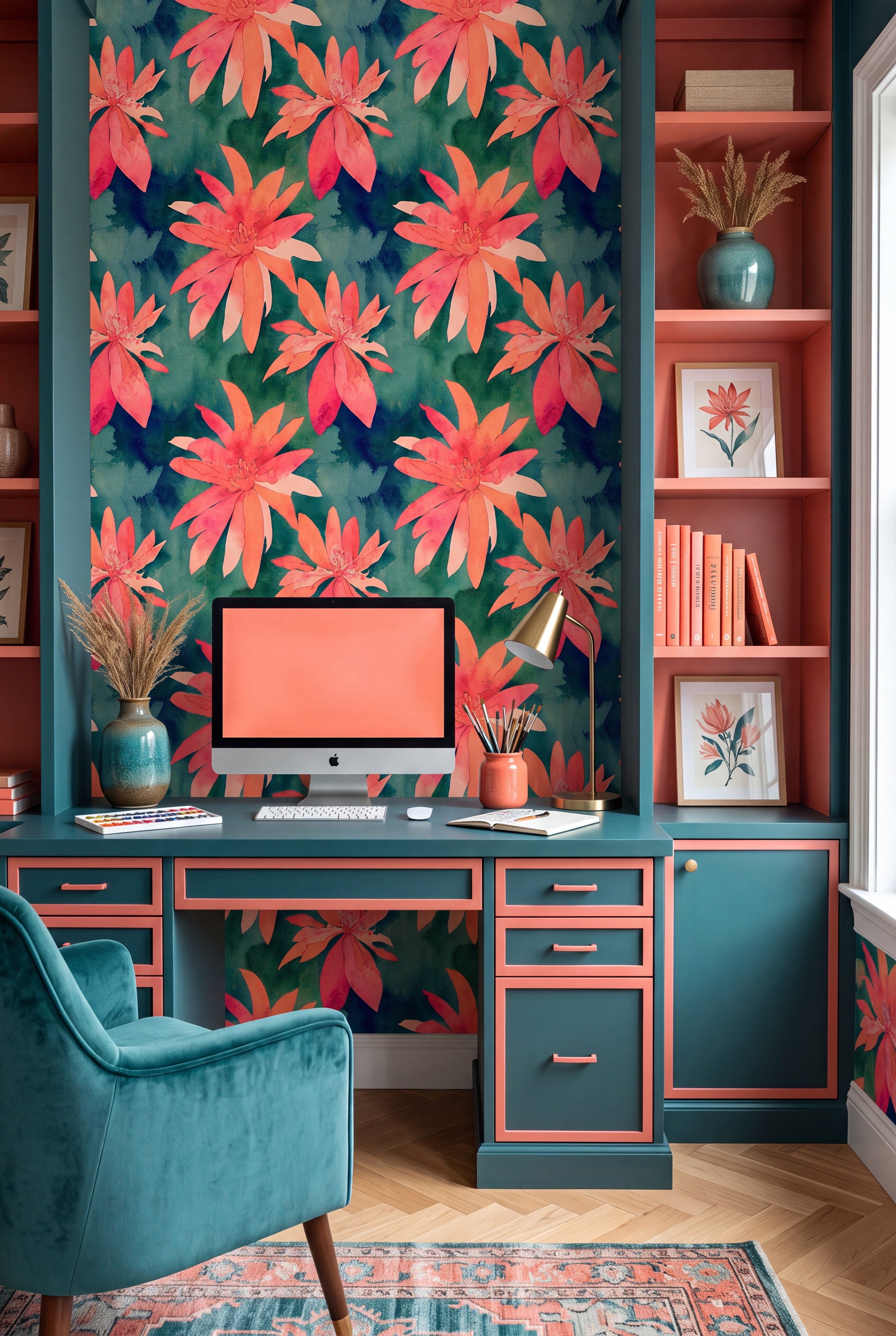 Island Bloom wallpaper shown in a home office