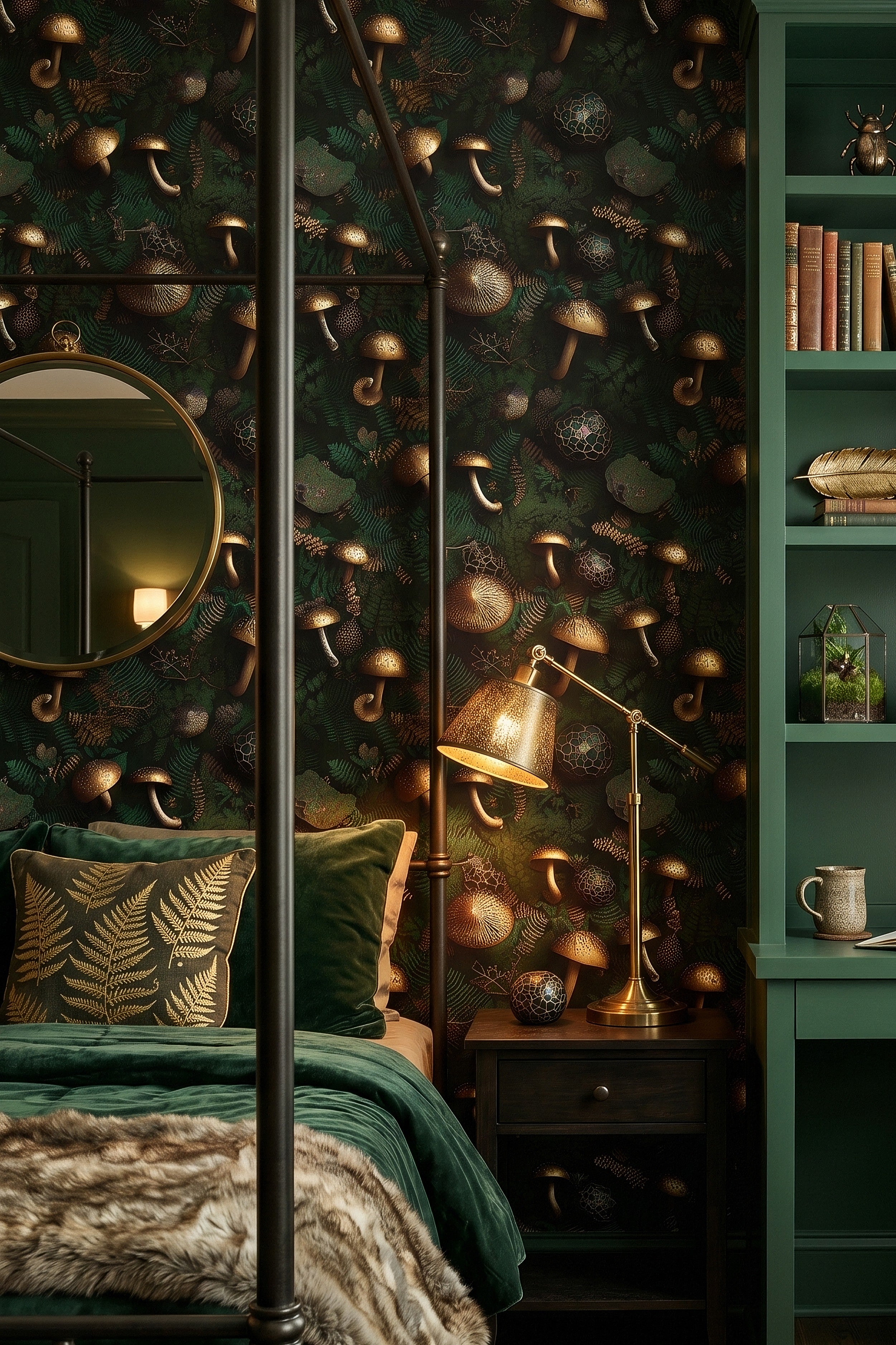 Gilded Grove wallpaper shown in a bedroom