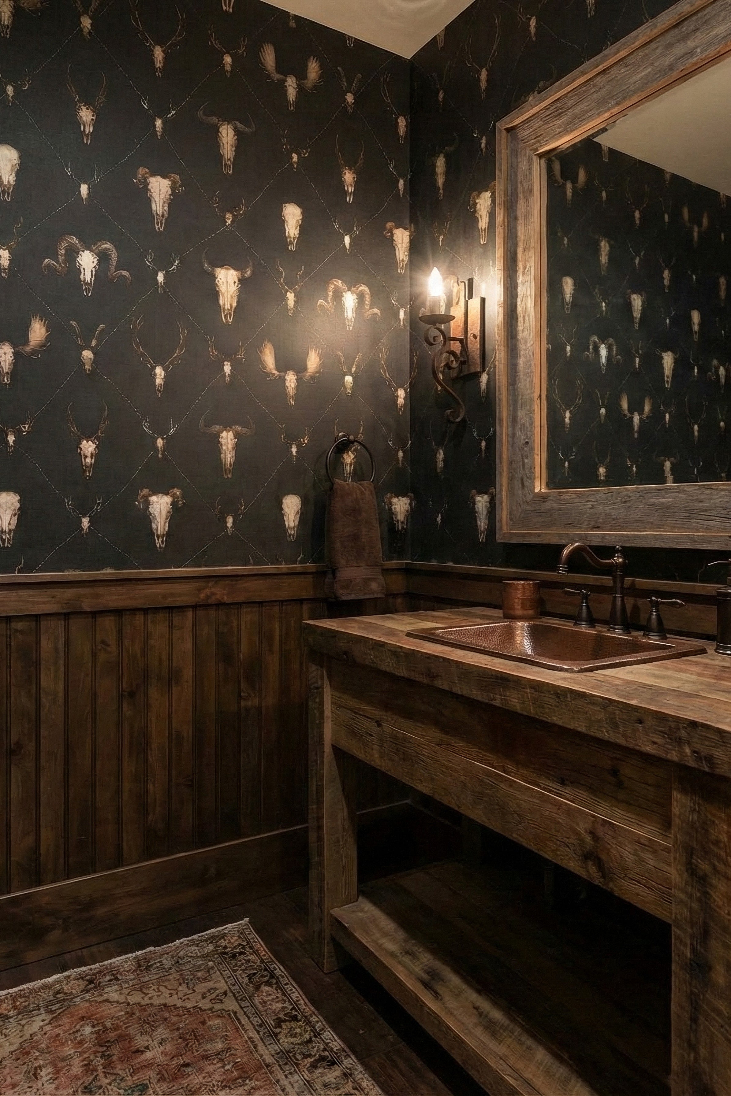Outlaw wallpaper shown in a powder room