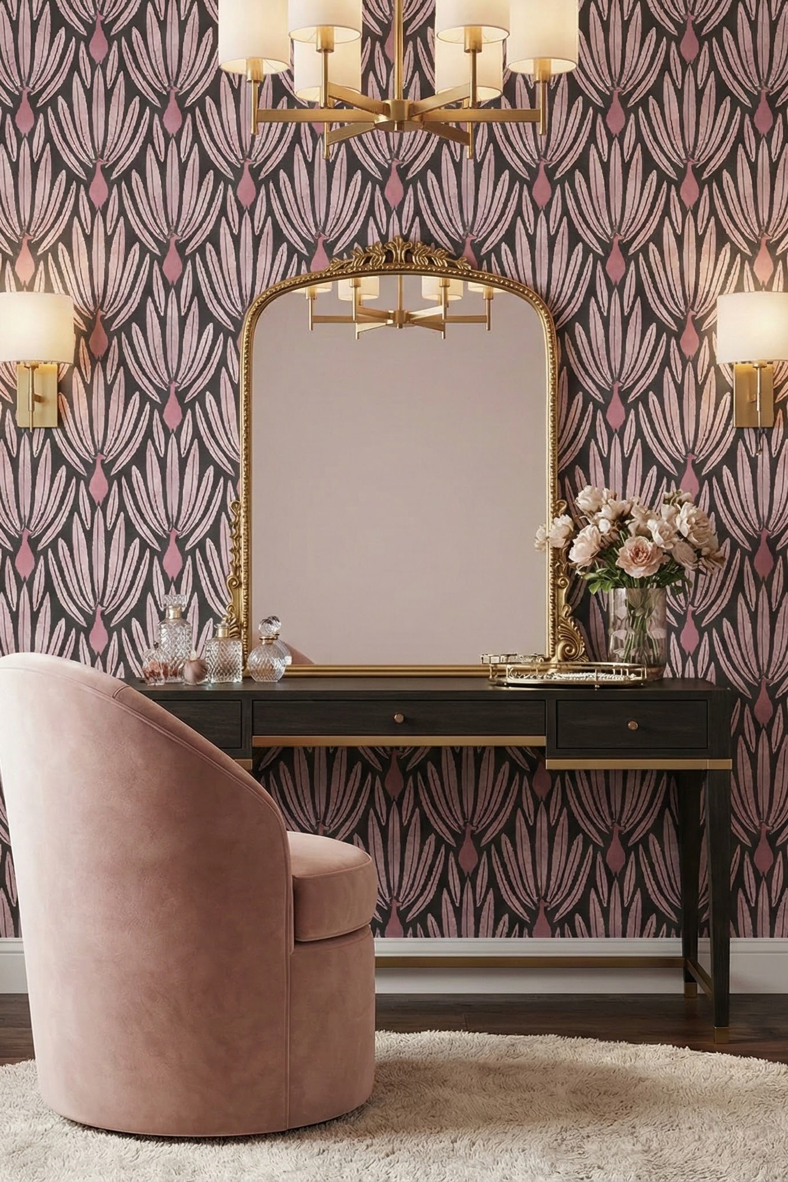 Showgirl wallpaper shown in a makeup vanity