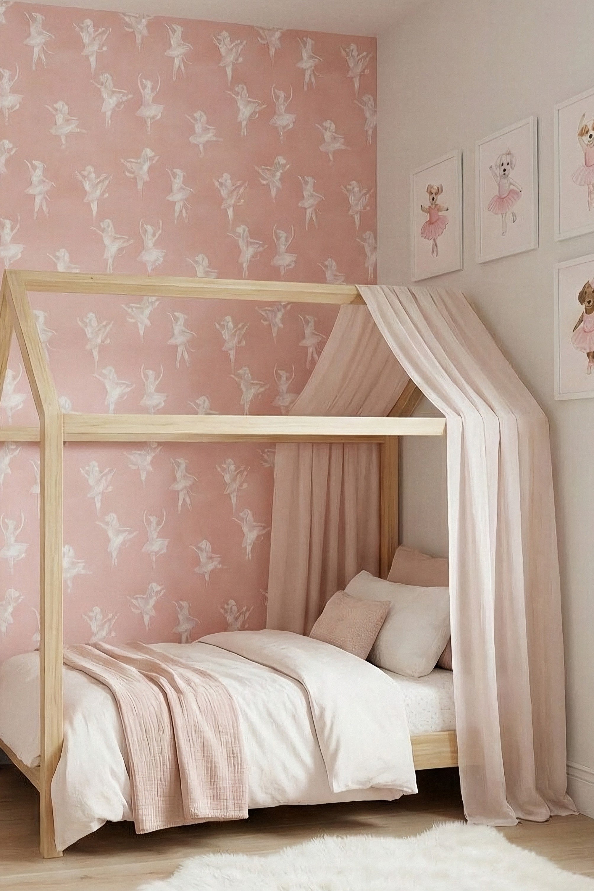 Puppy Ballet wallpaper shown in a bedroom
