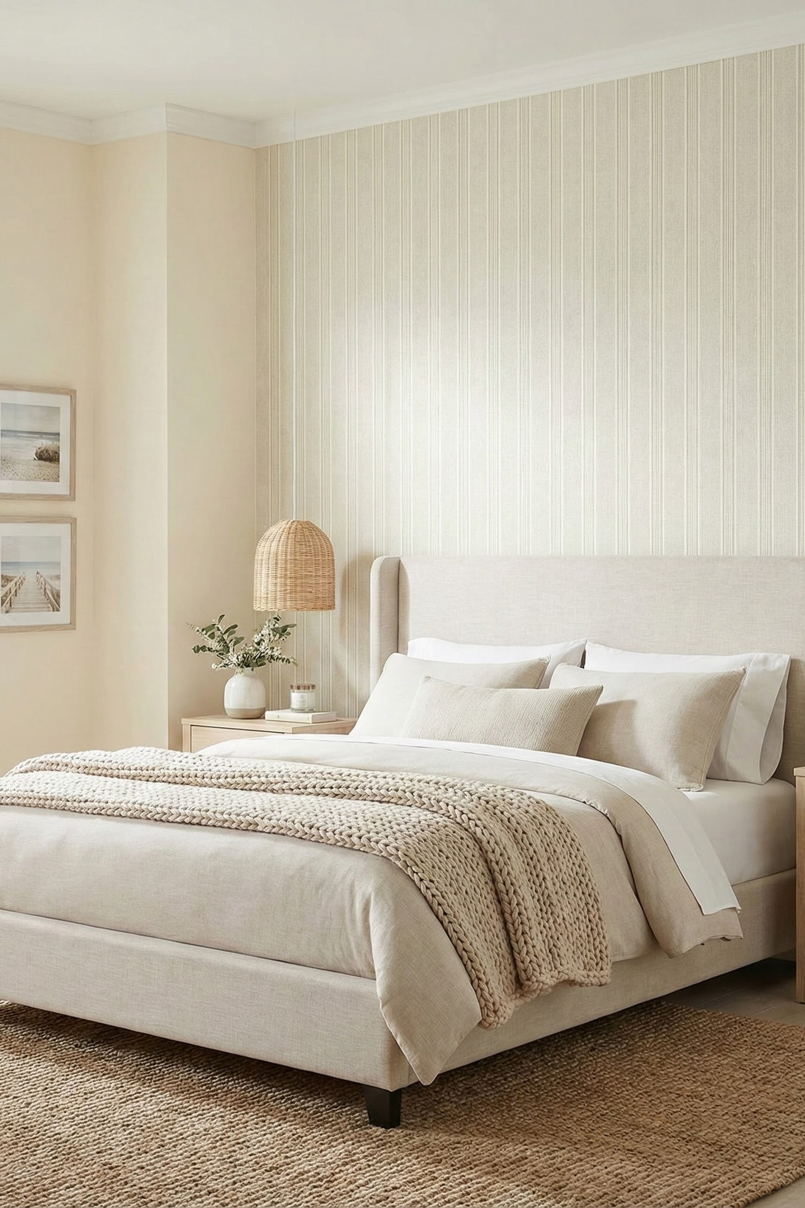 Ticking Stripe wallpaper shown in a bedroom