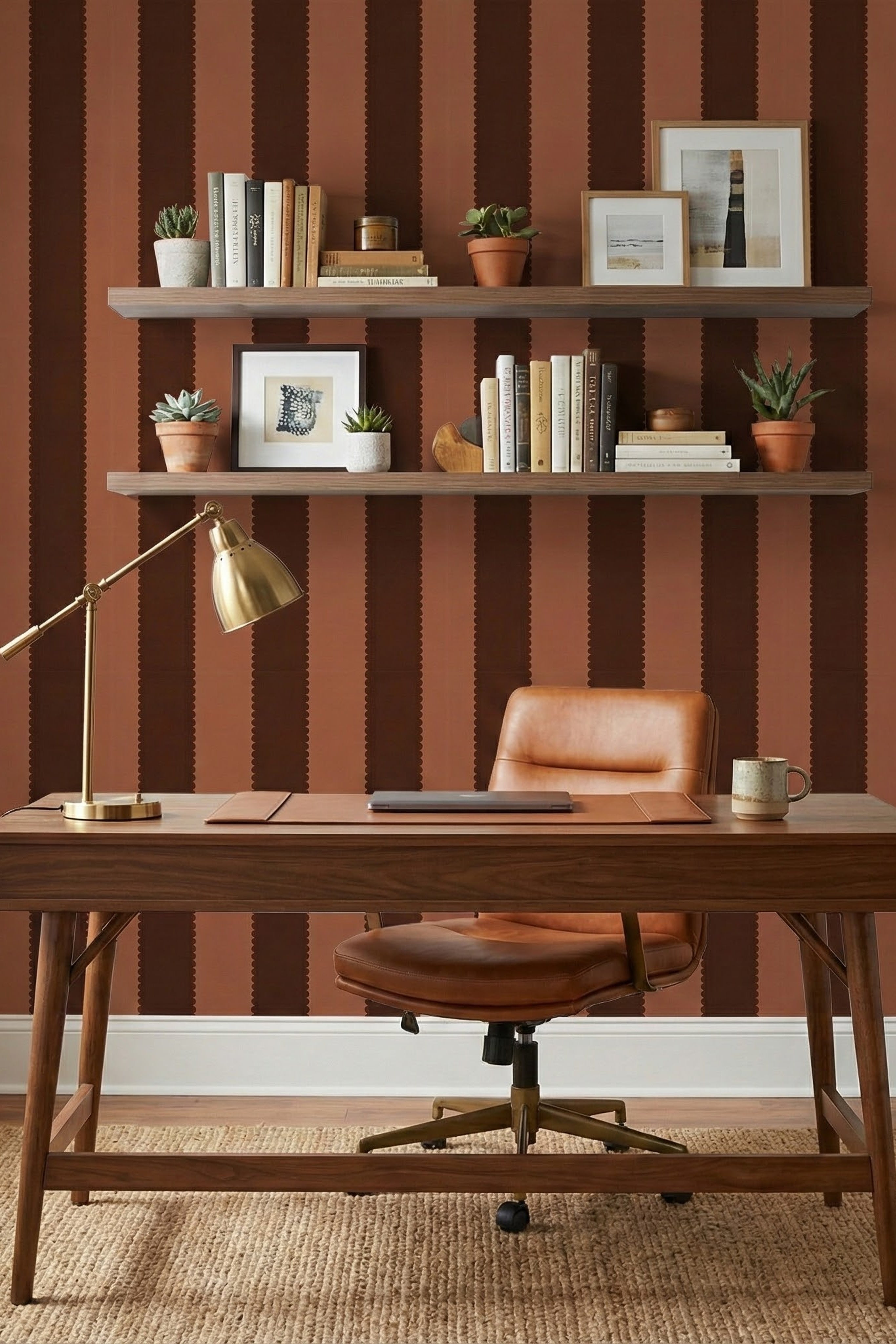 Chocolate Scallop wallpaper shown in a home office