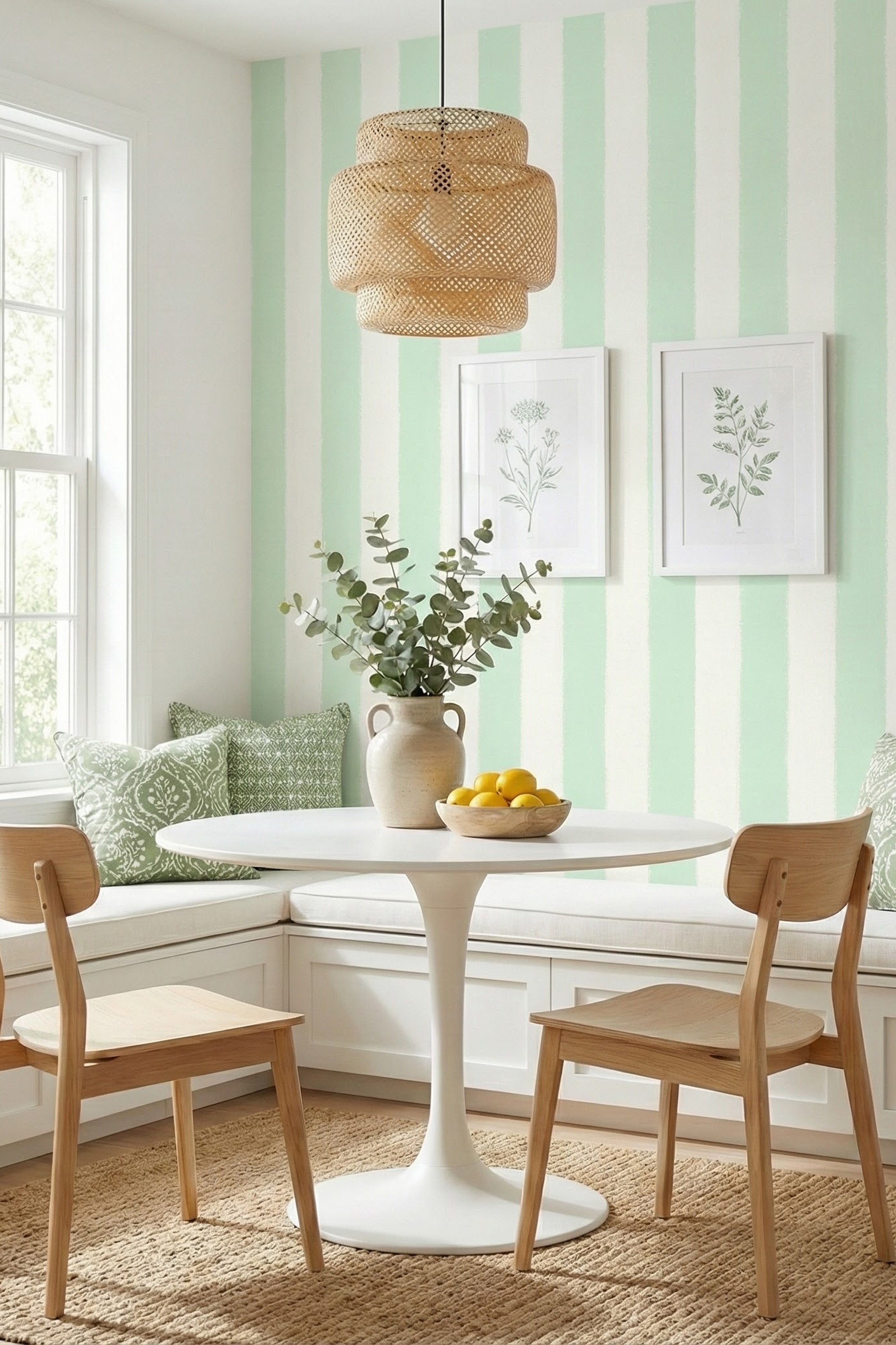 Mint Scallop wallpaper shown in a cozy nook