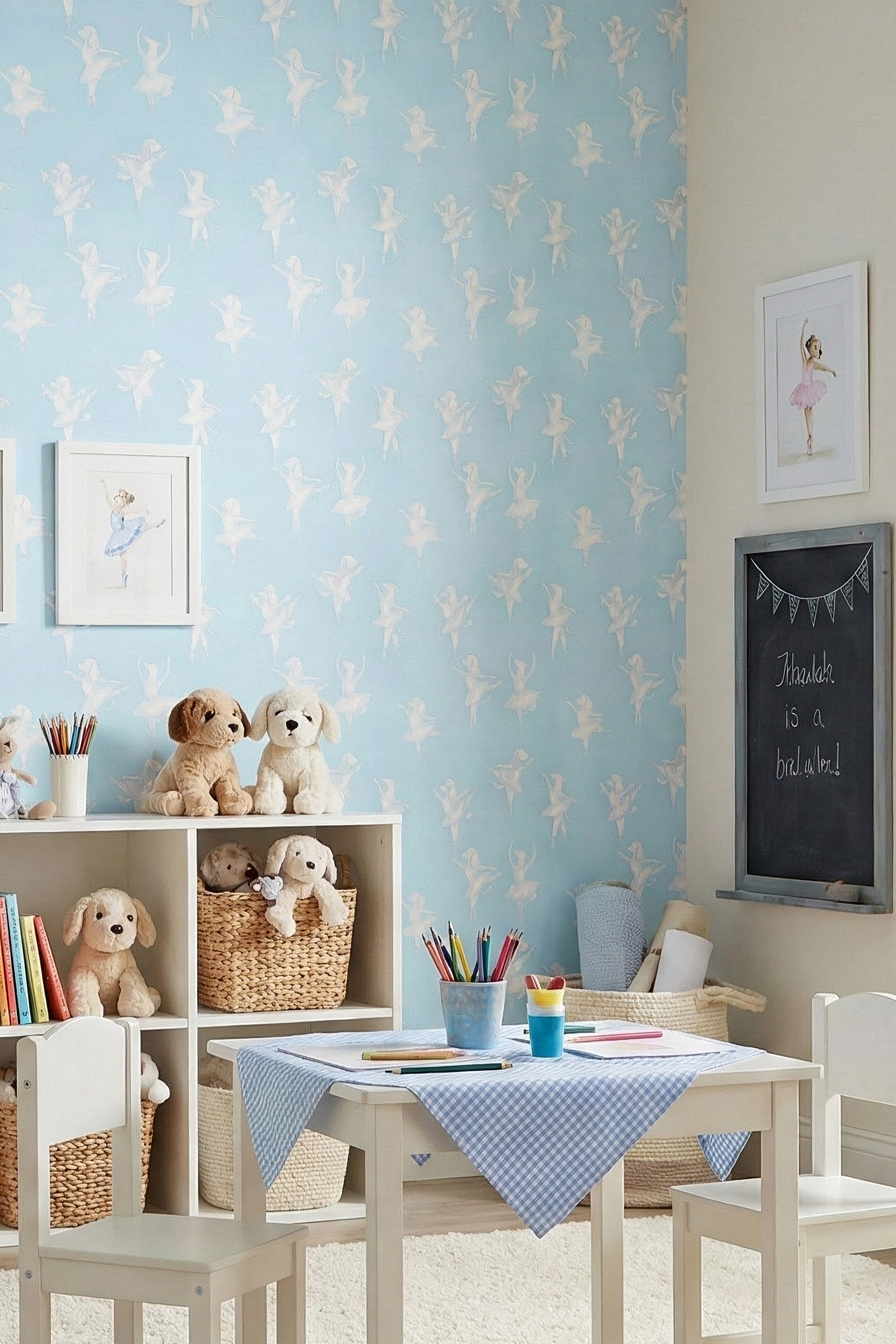 Aqua Pirouette wallpaper shown in a playroom
