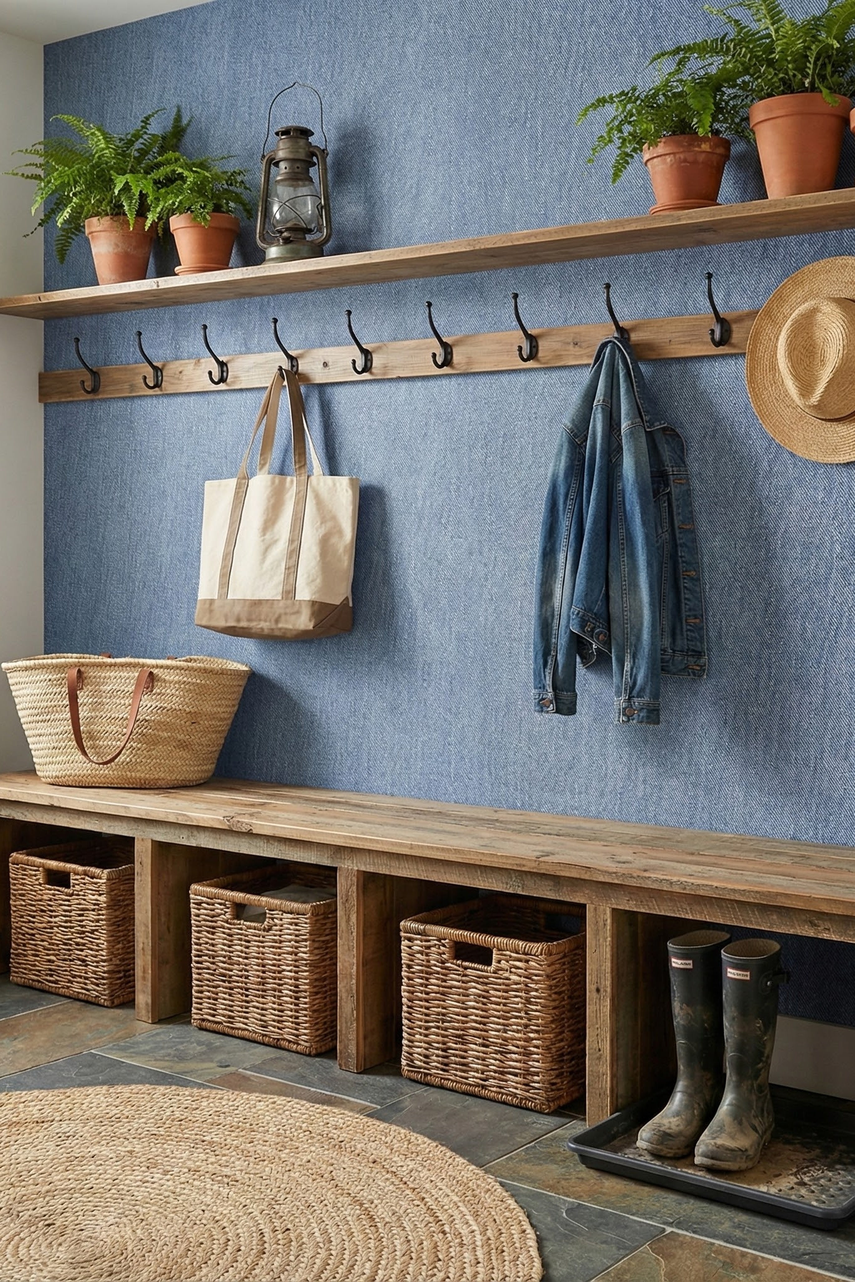 Denim Days wallpaper shown in a mudroom
