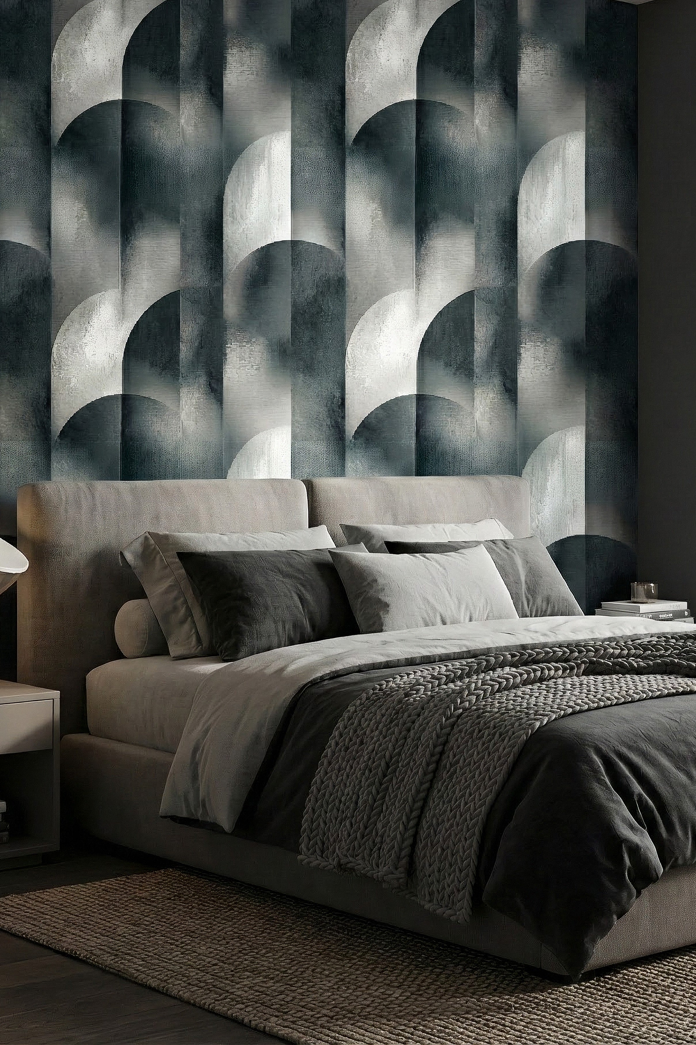 Silver Arch wallpaper shown in a bedroom