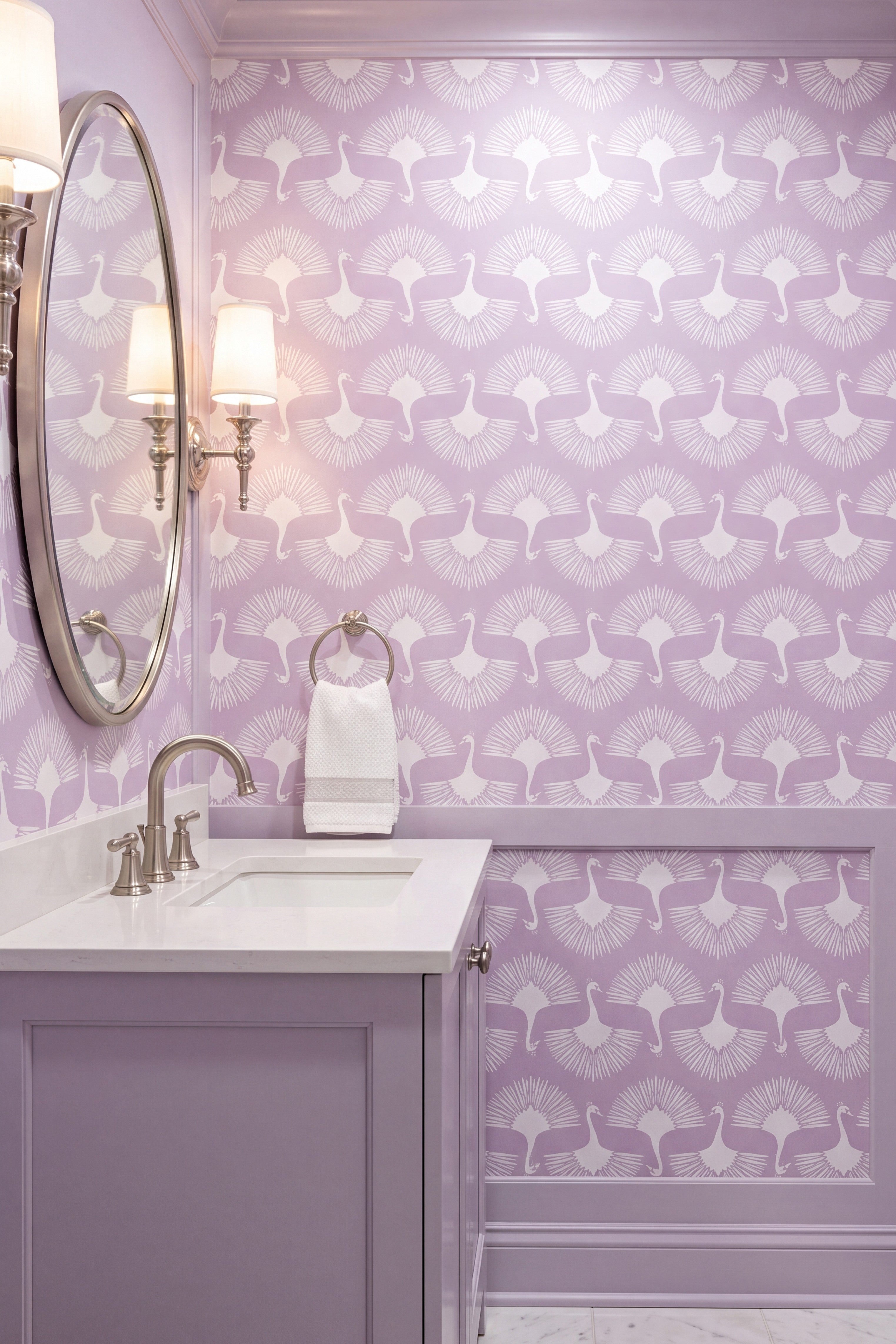 Lilac Plume wallpaper shown in a powder room