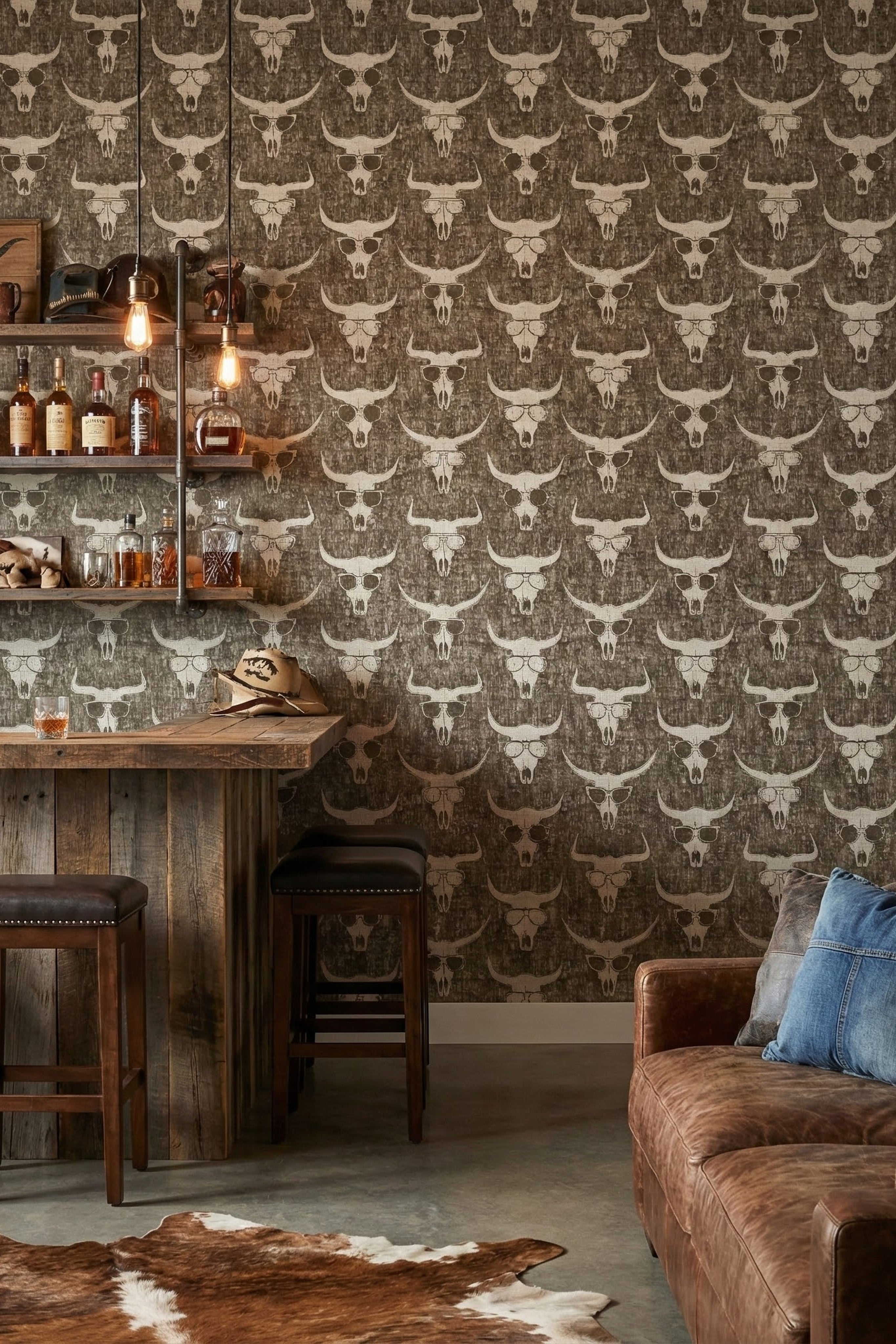 Shady Longhorn wallpaper shown in a home bar