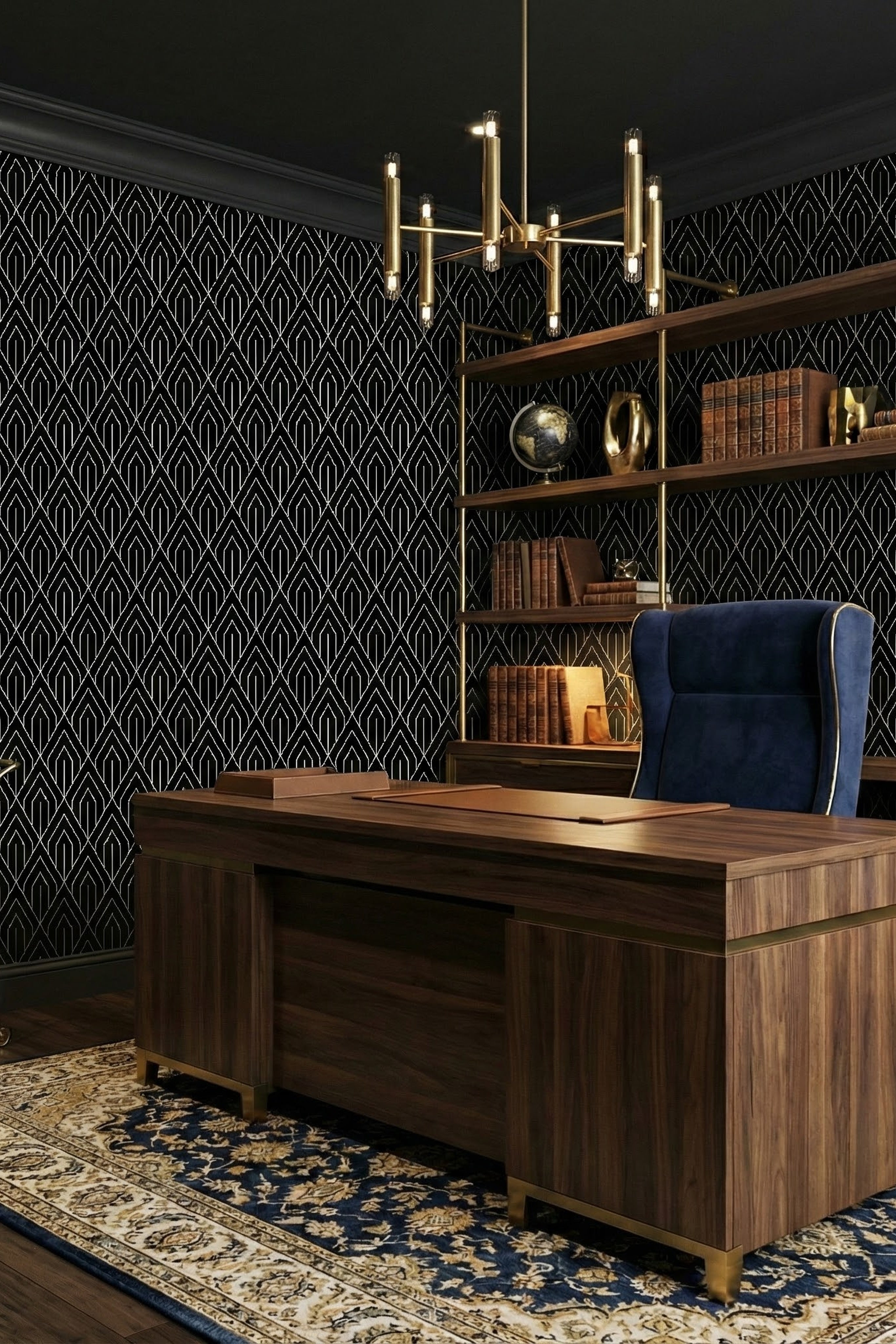 Black Tie Deco wallpaper shown in a home office