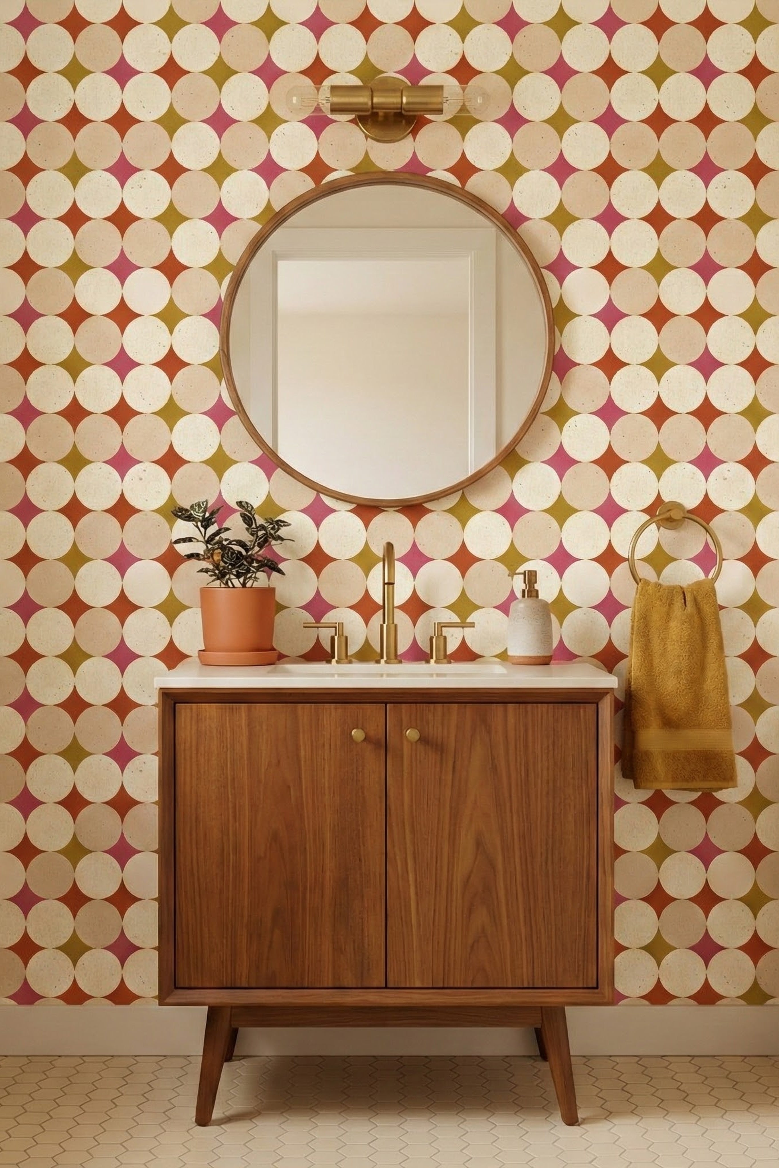 Circle Back wallpaper shown in a powder room