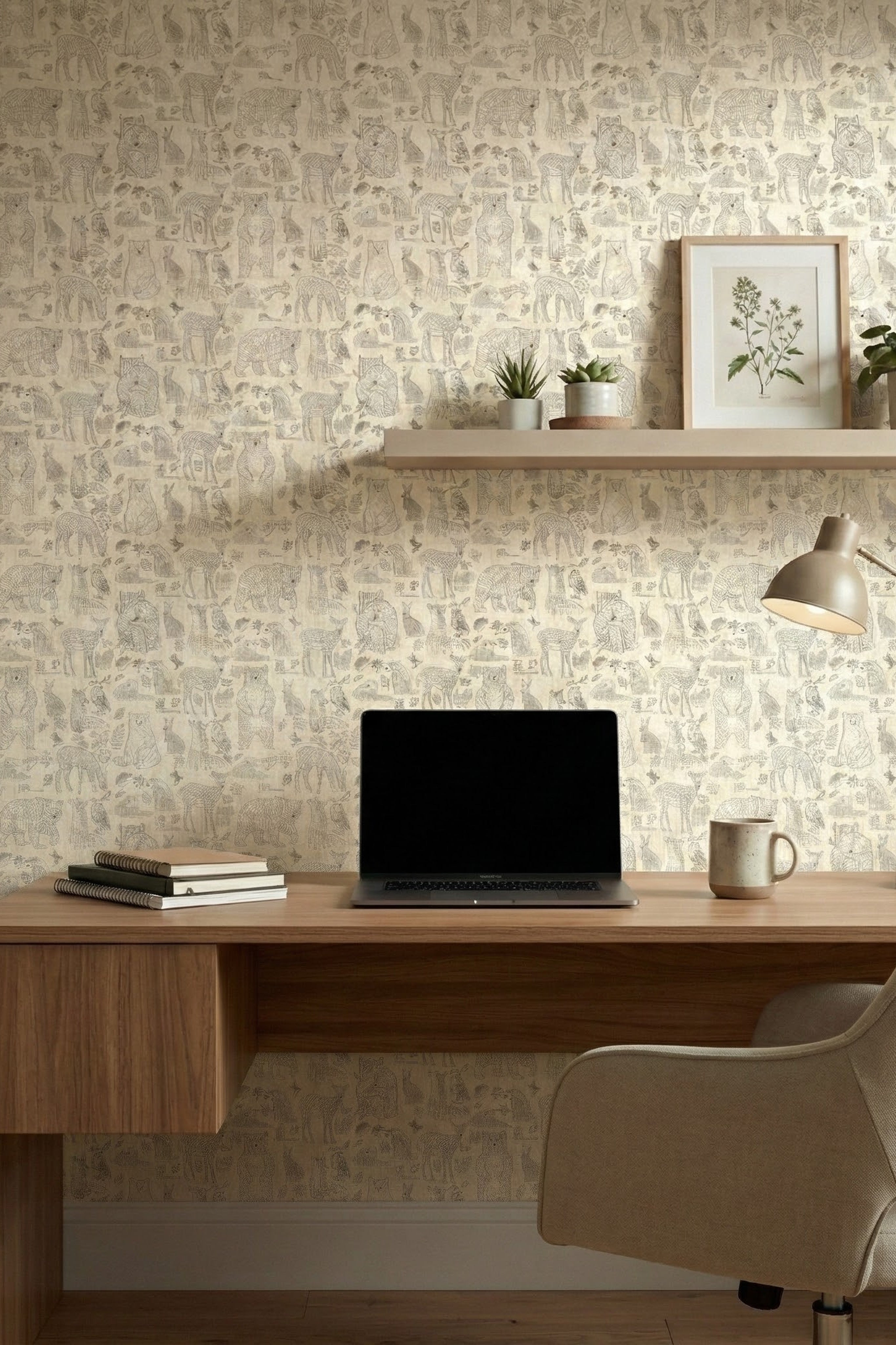 Forest Friends wallpaper shown in a home office