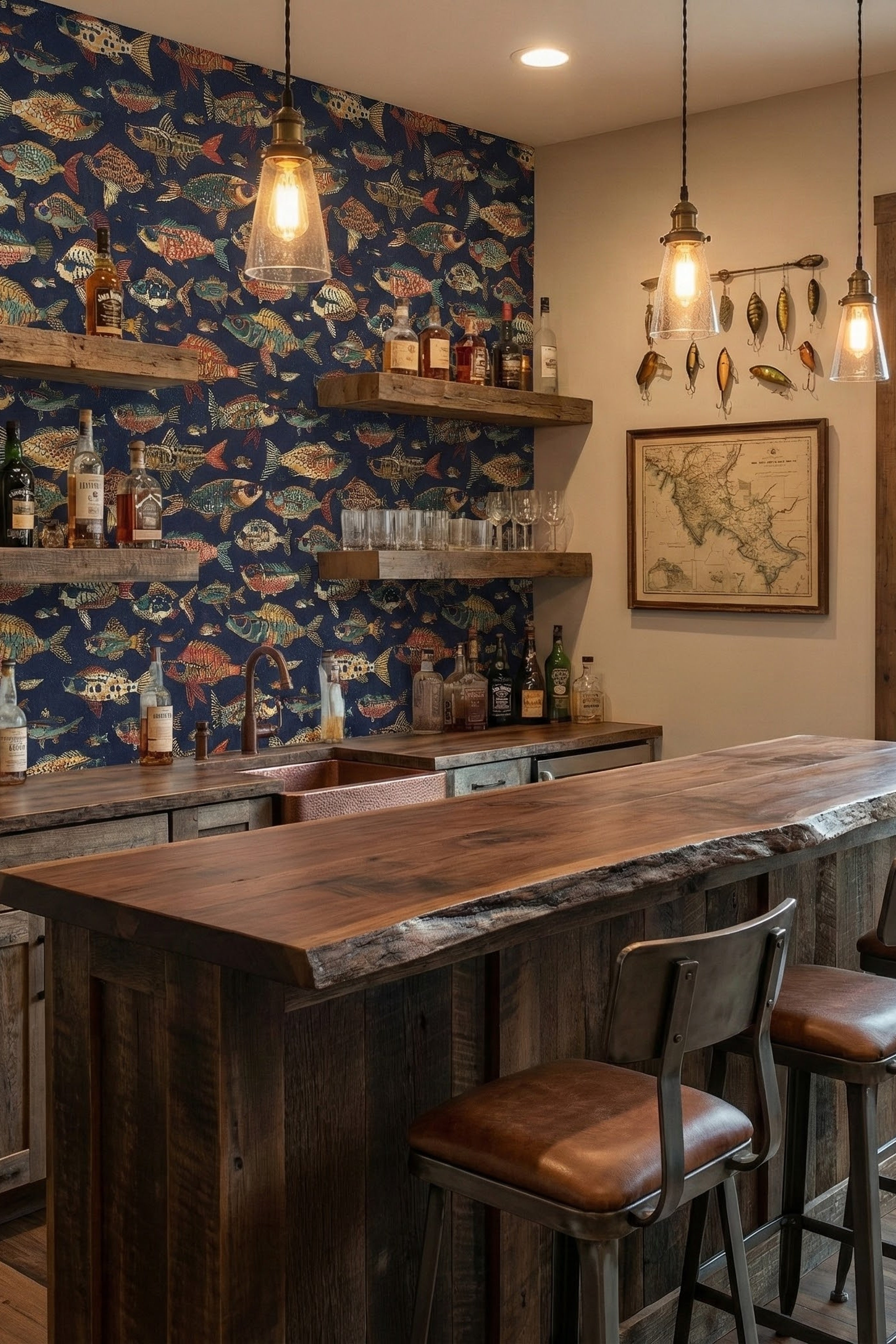 Gone Fishin' wallpaper shown in a home bar
