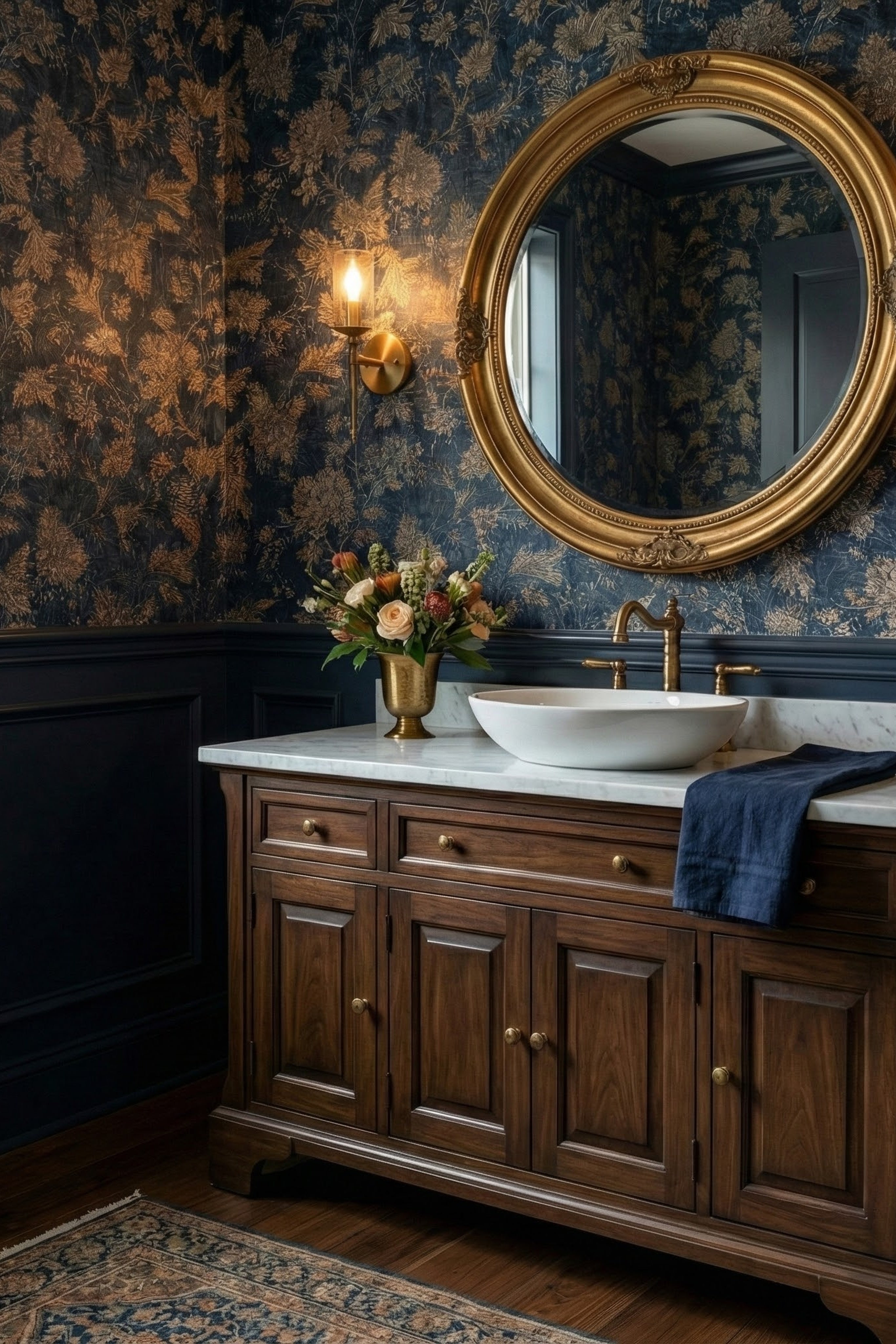 Midnight Posy wallpaper shown in a powder room