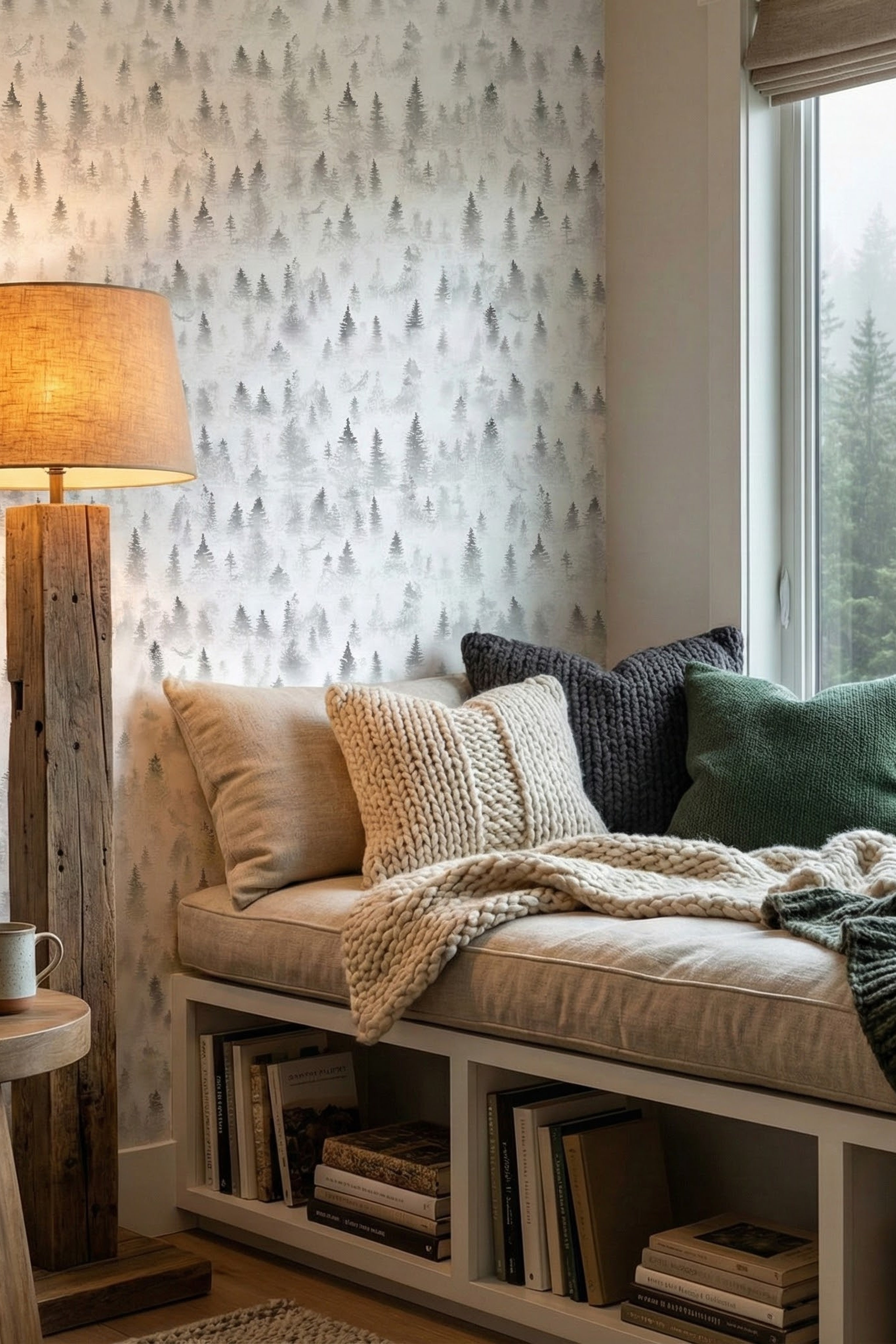 Pine Mist wallpaper shown in a cozy nook