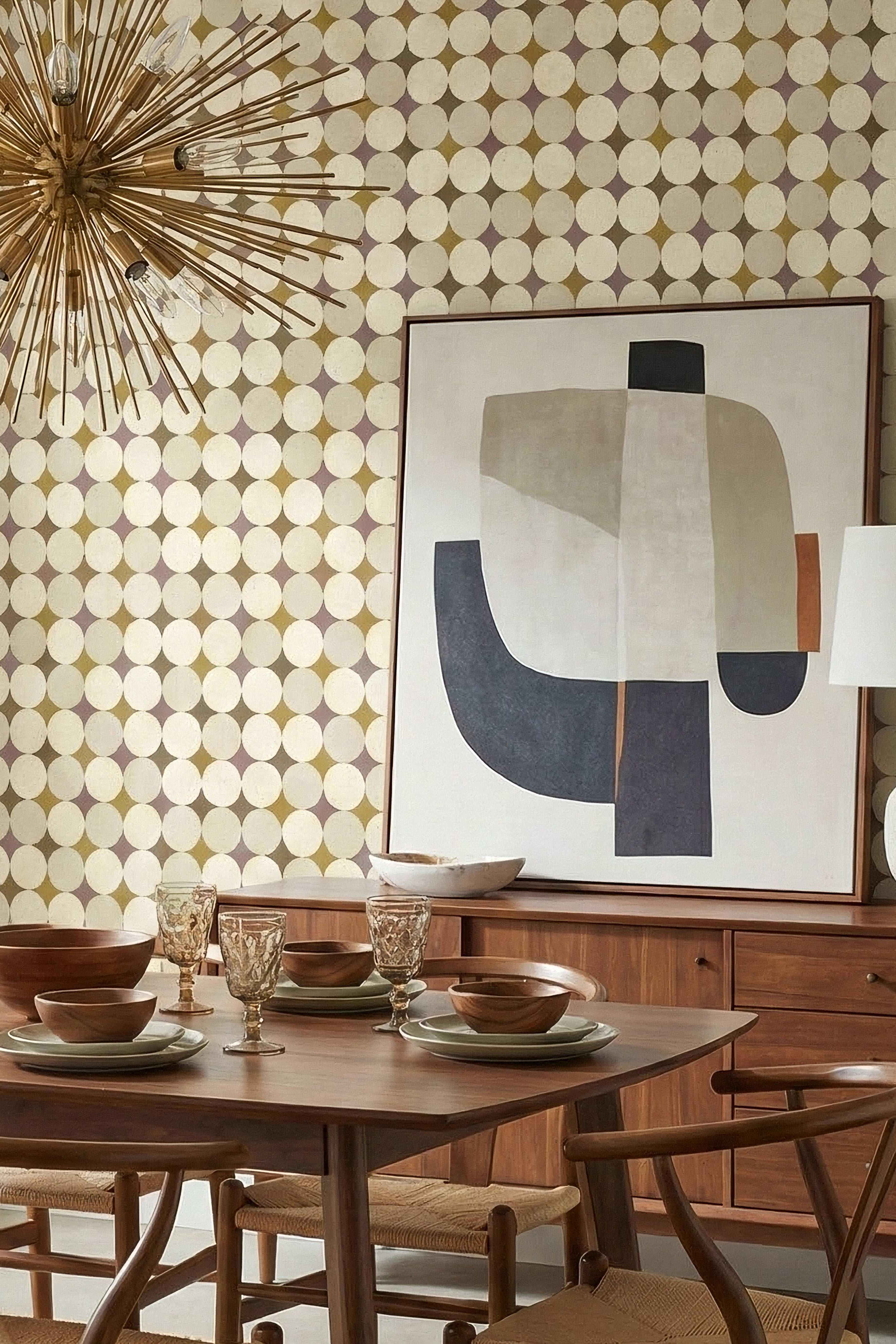 Olive Orbit wallpaper shown in a dining room