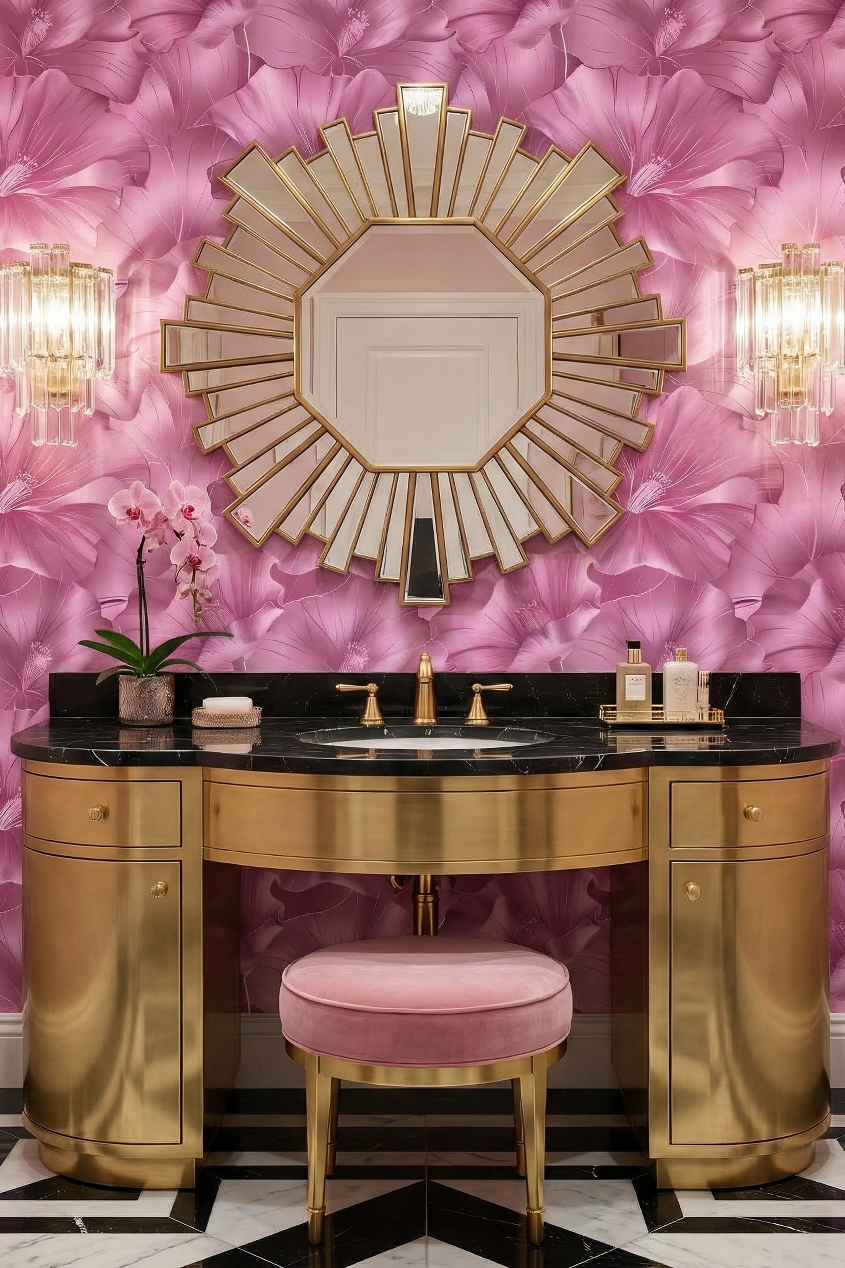 Rose Marquee wallpaper shown in a powder room