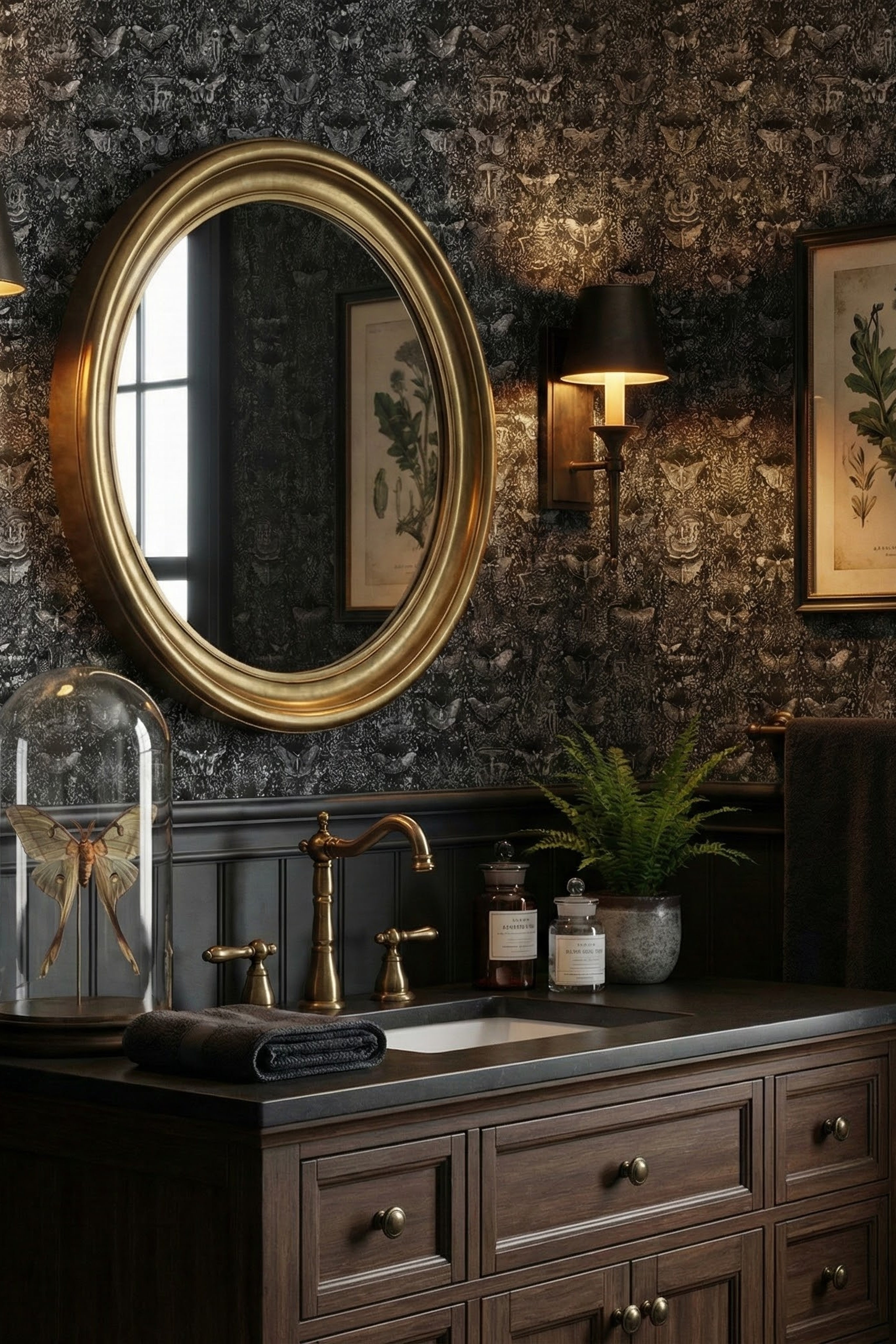 Midnight Academia wallpaper shown in a powder room