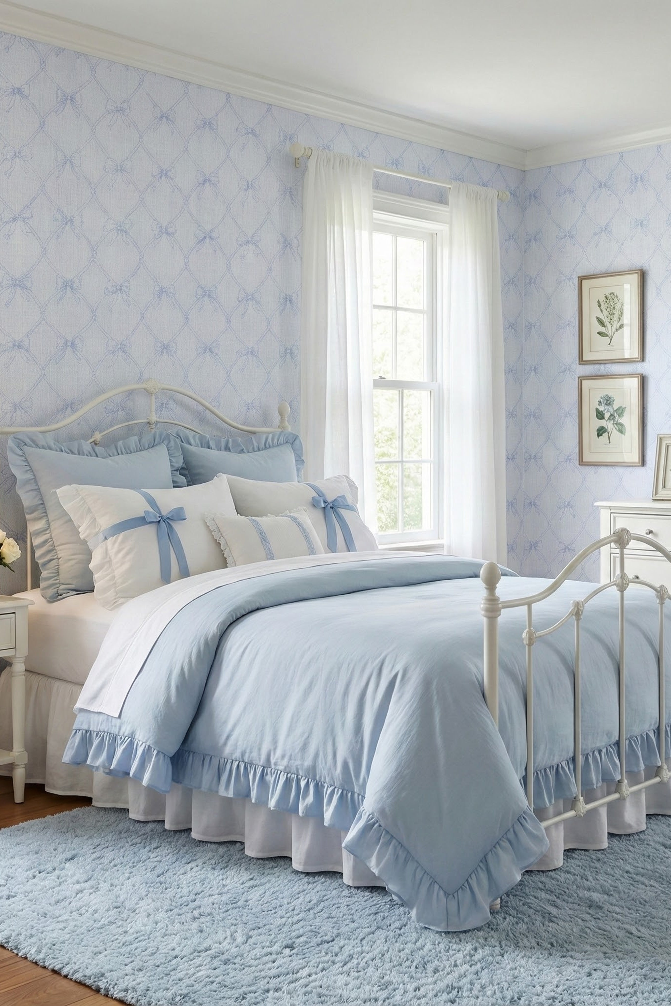 Blue Ribbon wallpaper shown in a bedroom