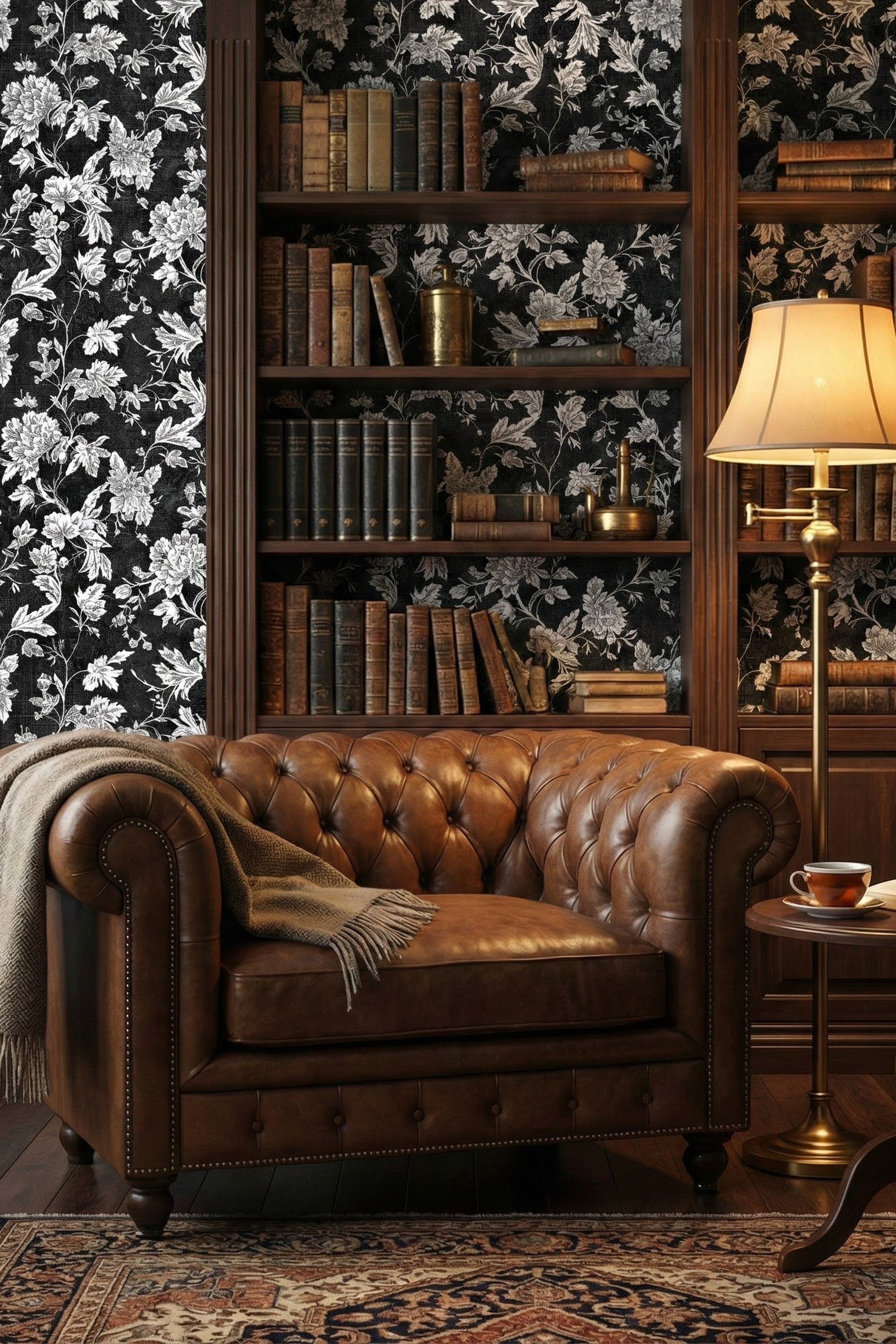 Noir Bouquet wallpaper shown in a reading corner