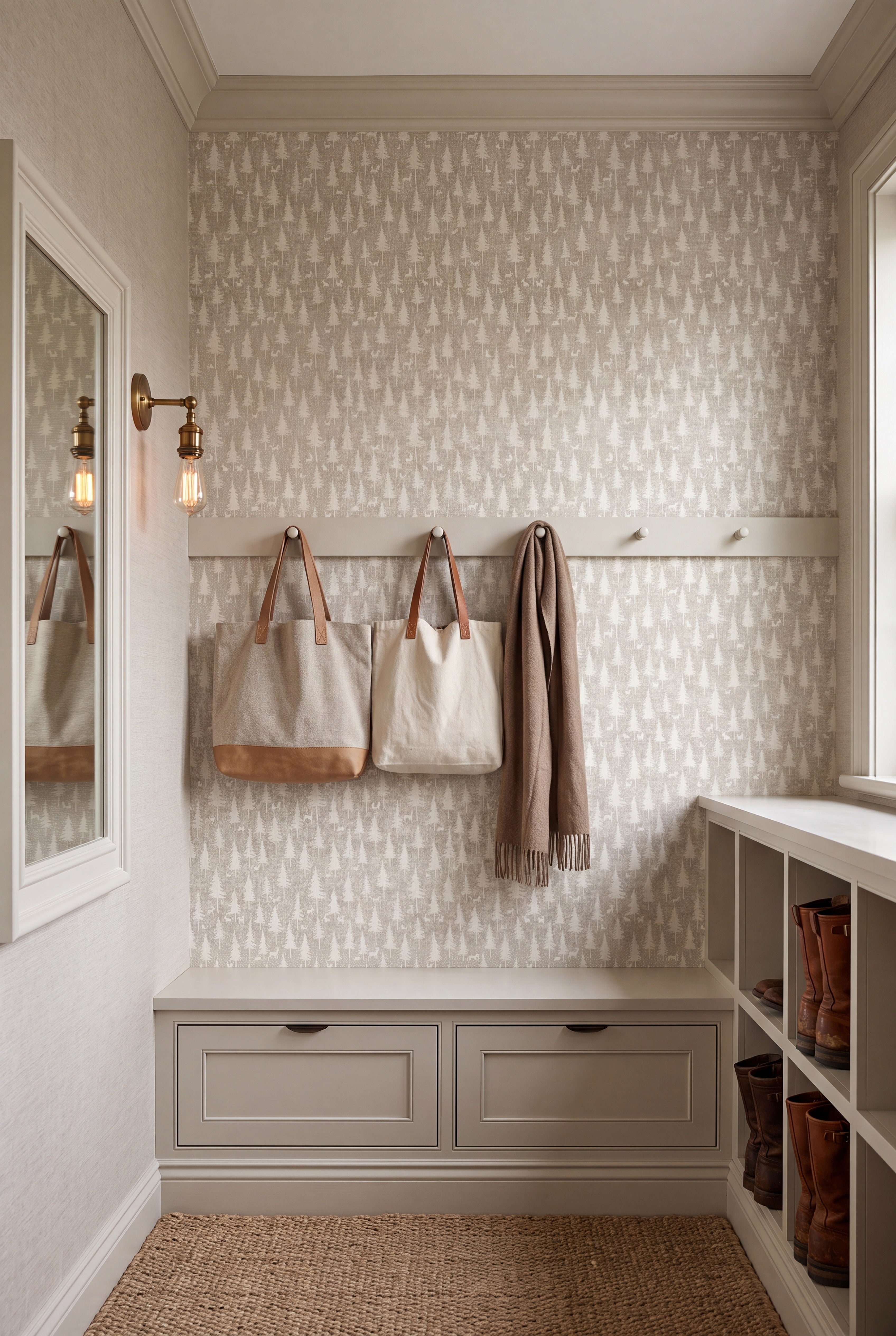 Quiet Woodland wallpaper shown in a mudroom