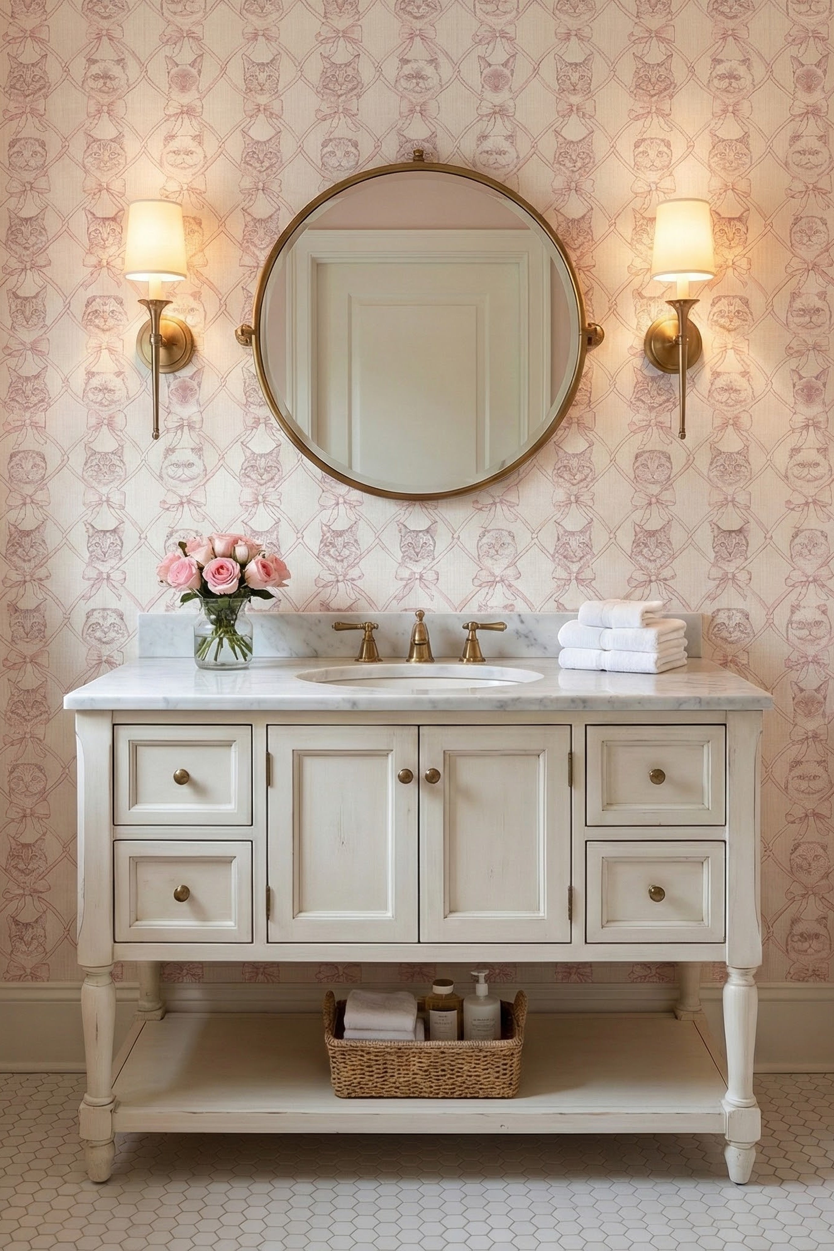 Kitty Bow wallpaper shown in a powder room