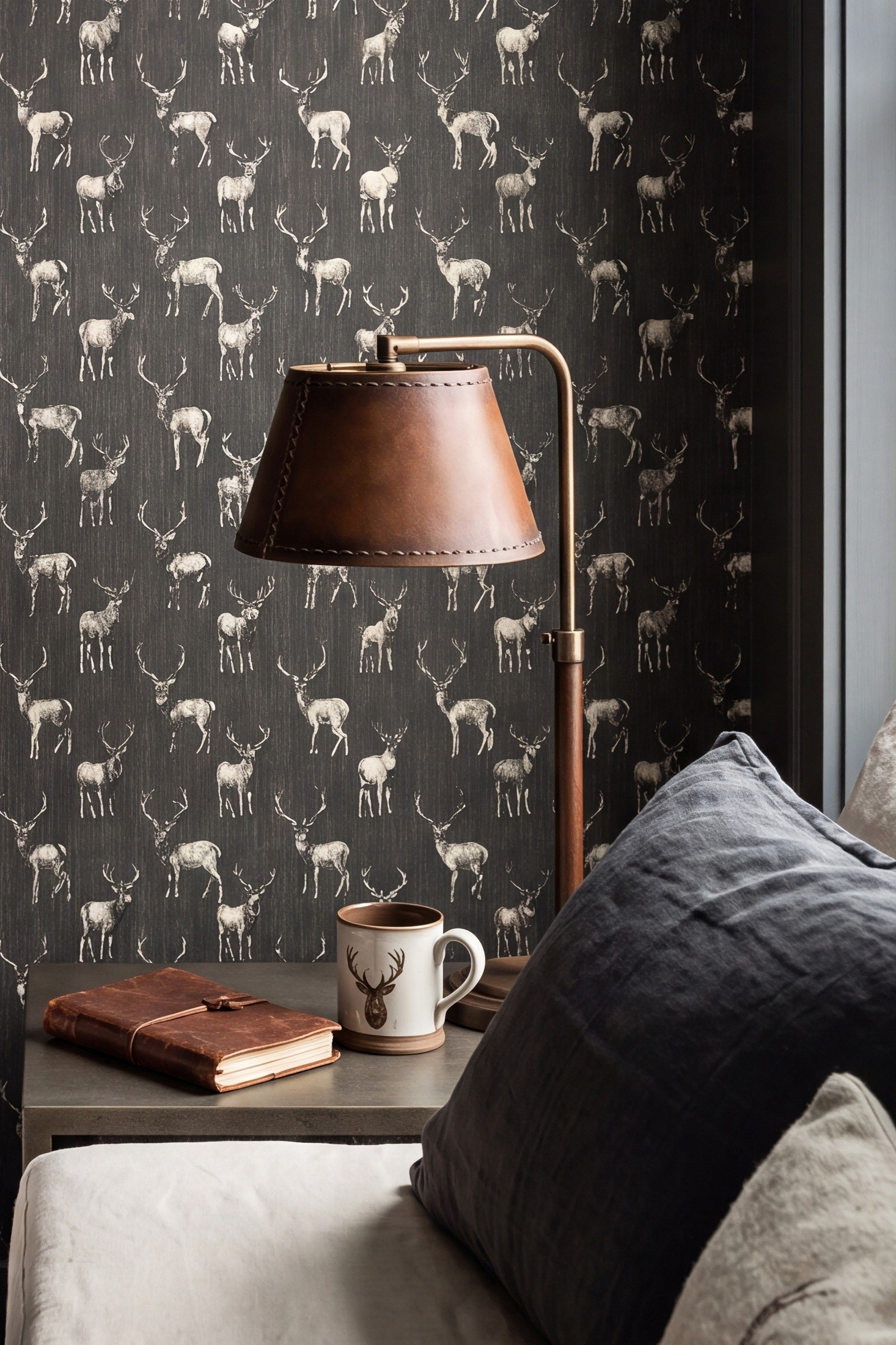 Shady Stag wallpaper shown in a bedroom