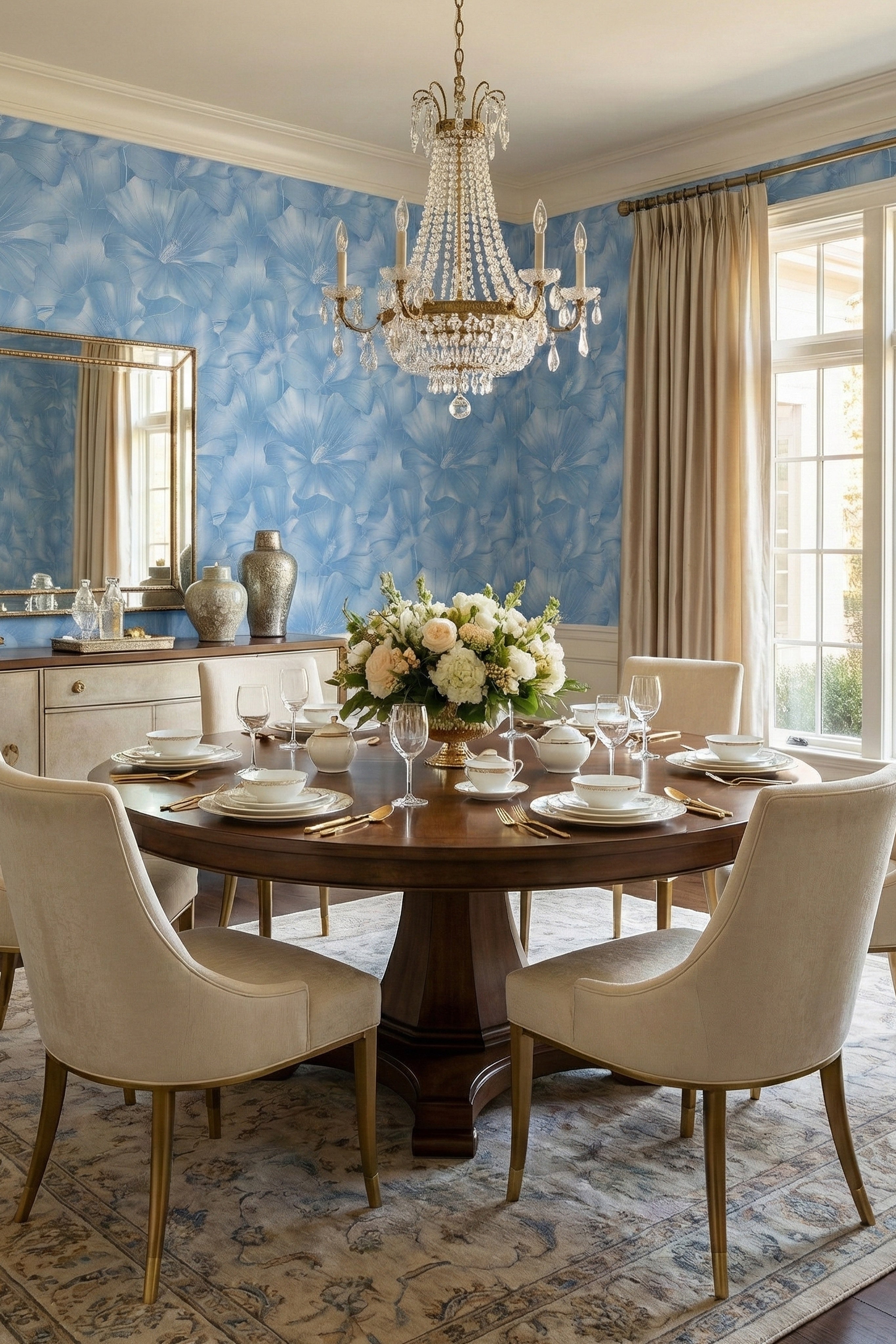 Bluebell Deco wallpaper shown in a dining room