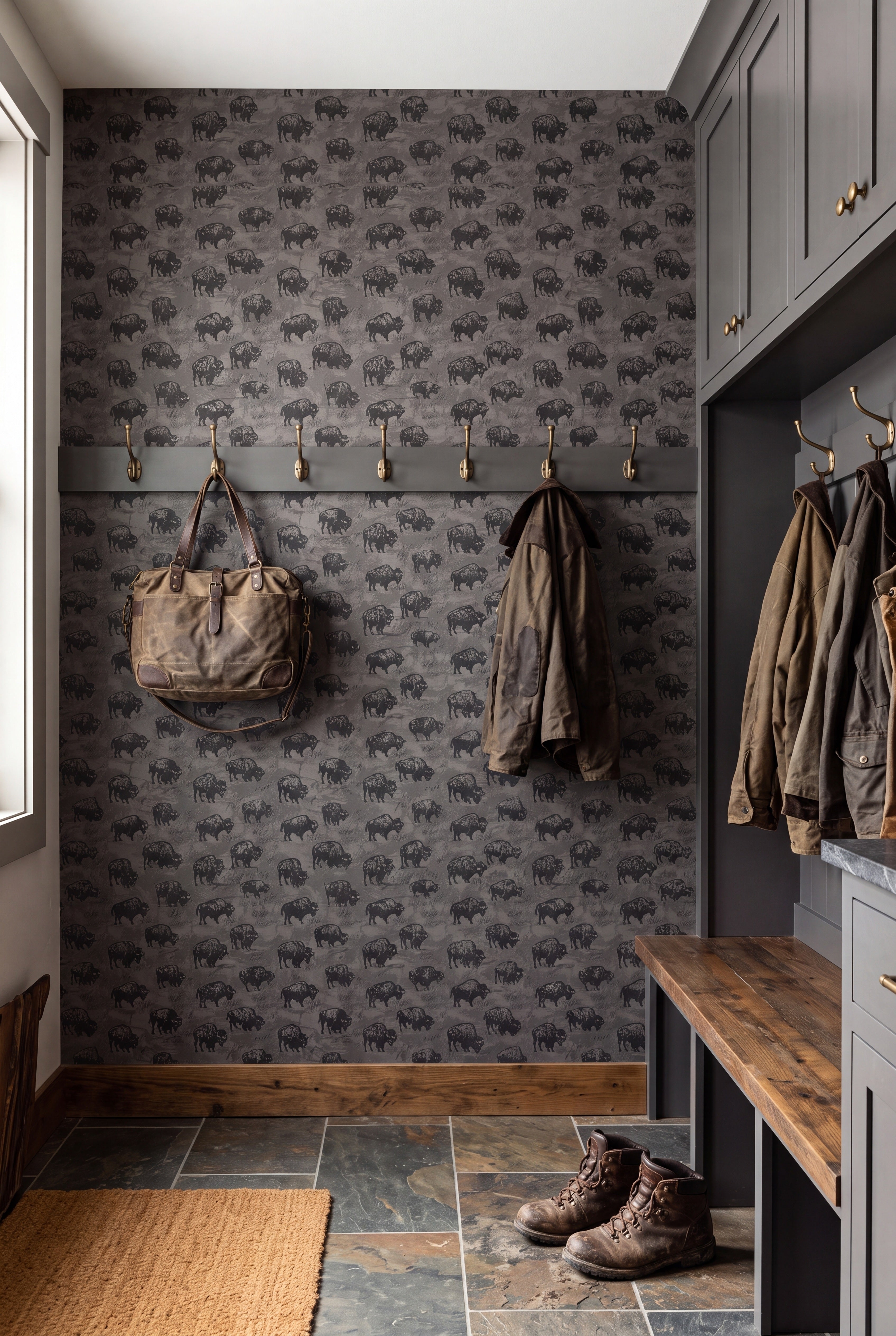 Midnight Bison wallpaper shown in a mudroom