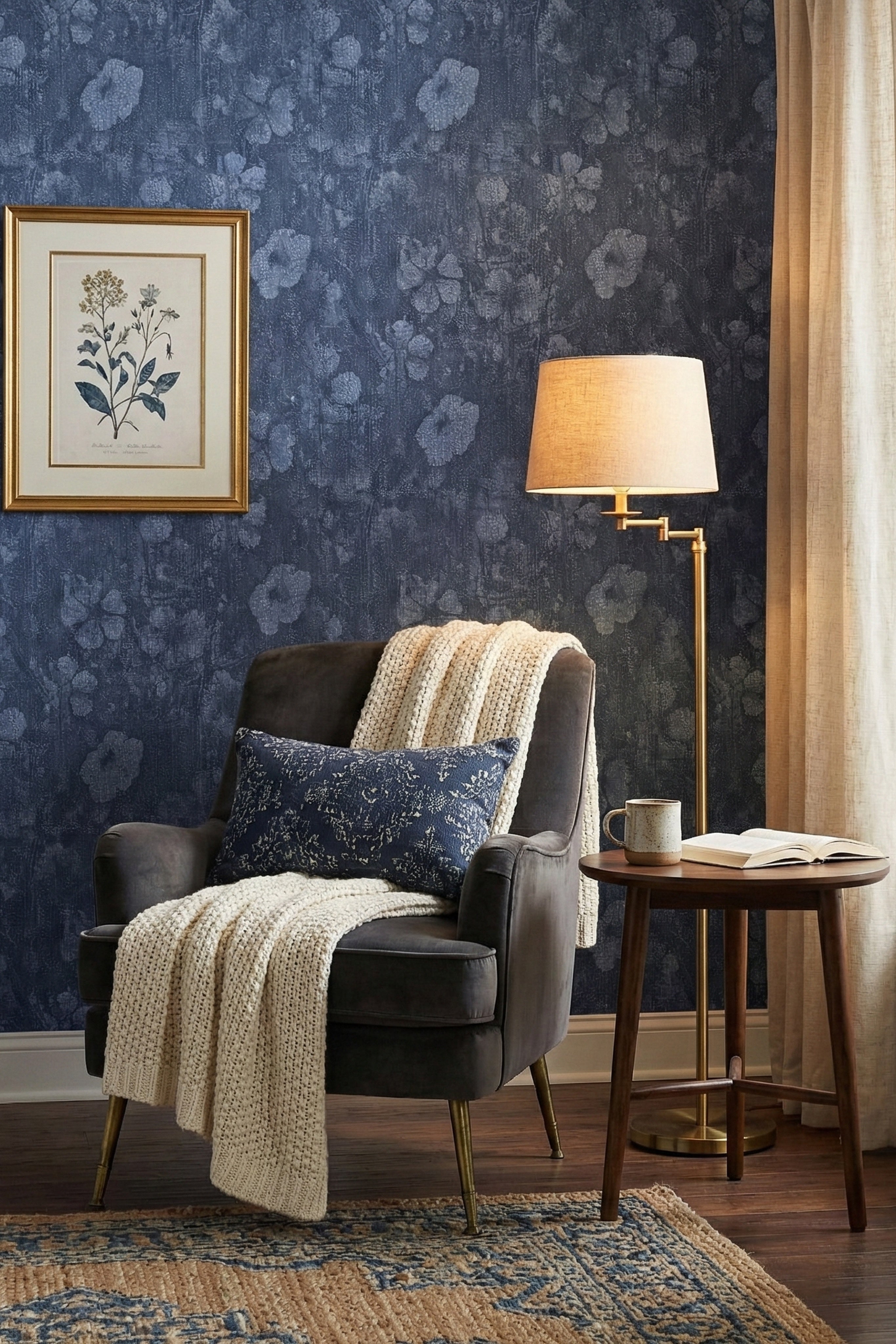 Denim Garden wallpaper shown in a reading corner