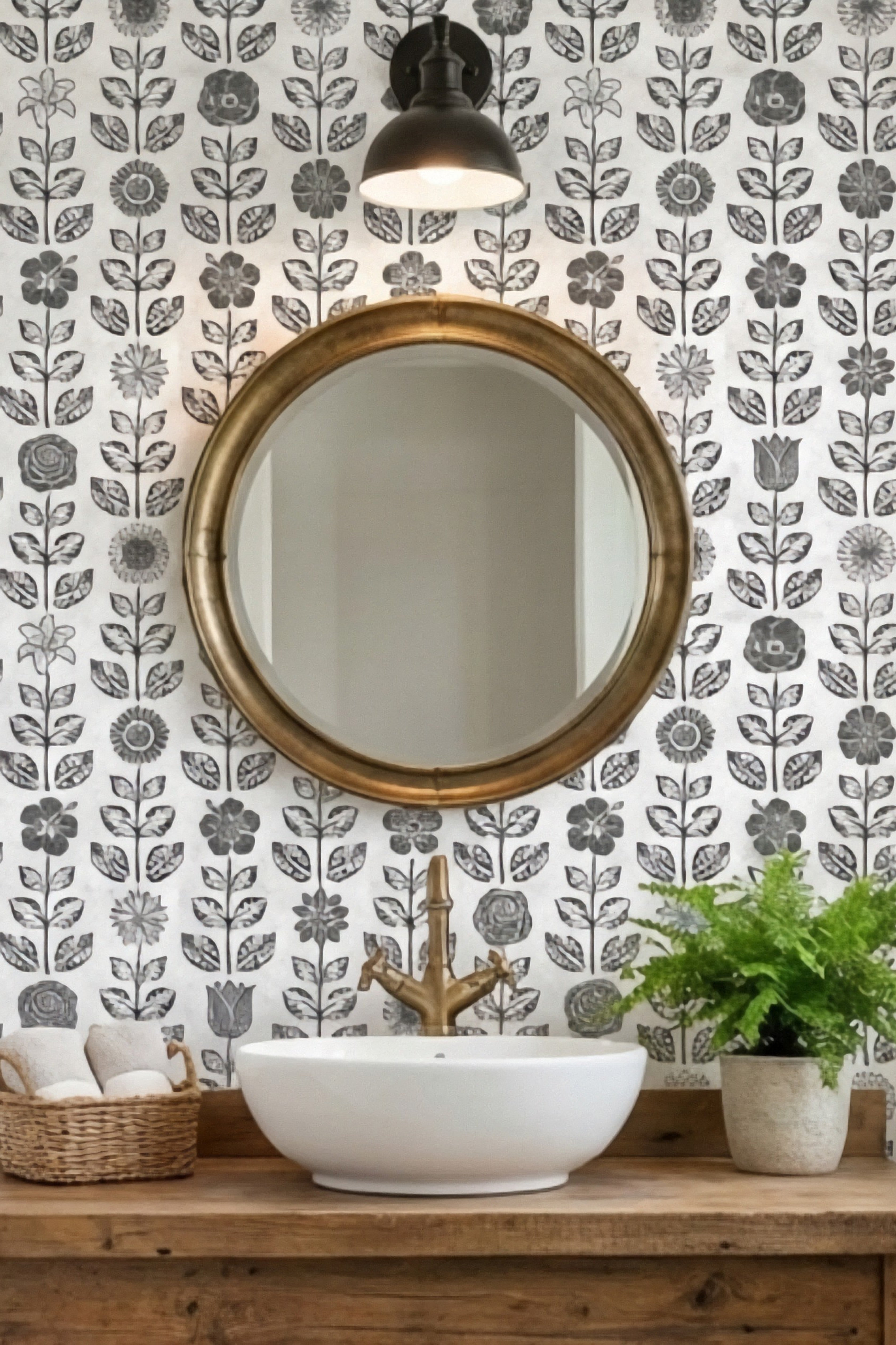 Ink Folk wallpaper shown in a powder room