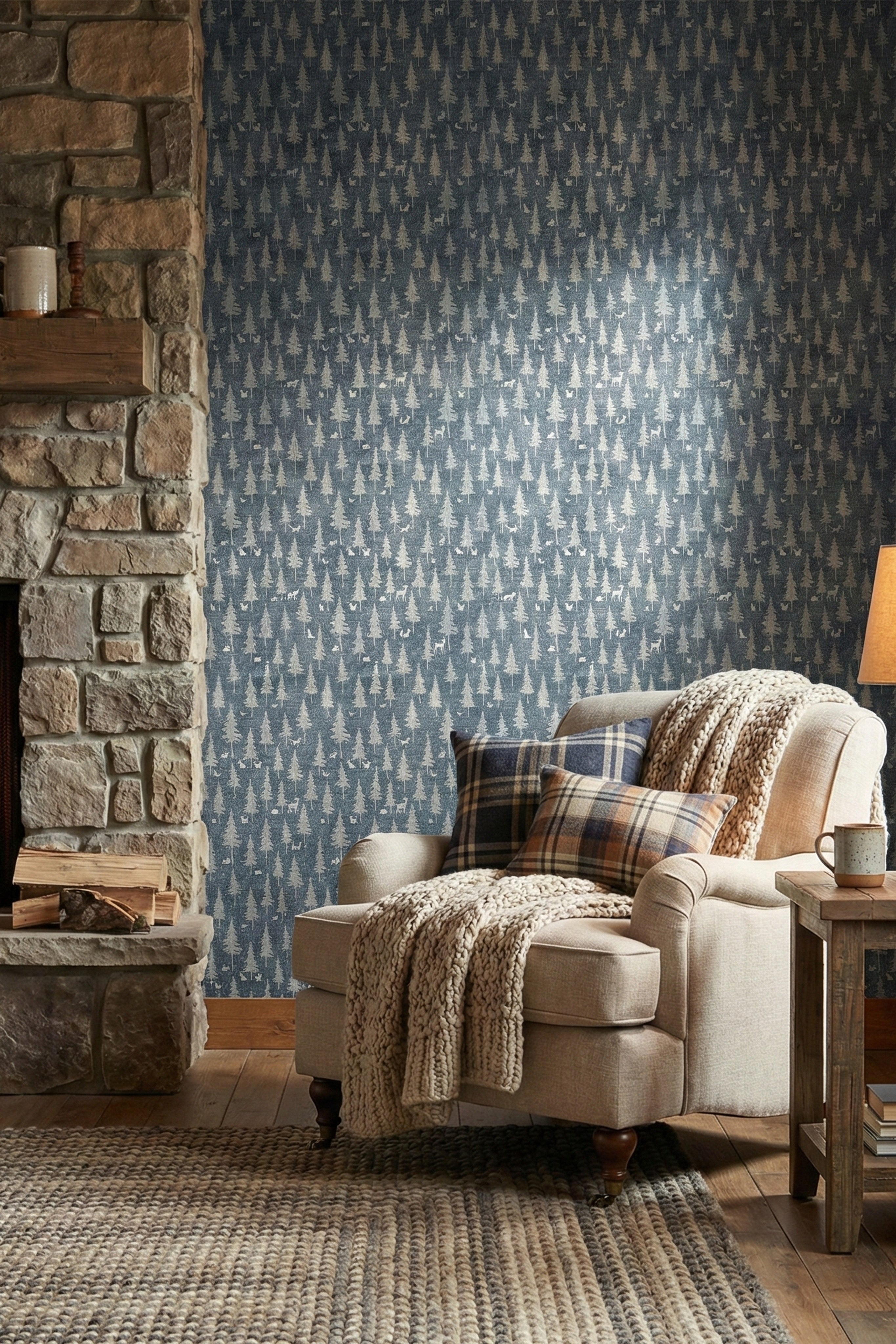 Twilight Woodland wallpaper shown in a reading corner