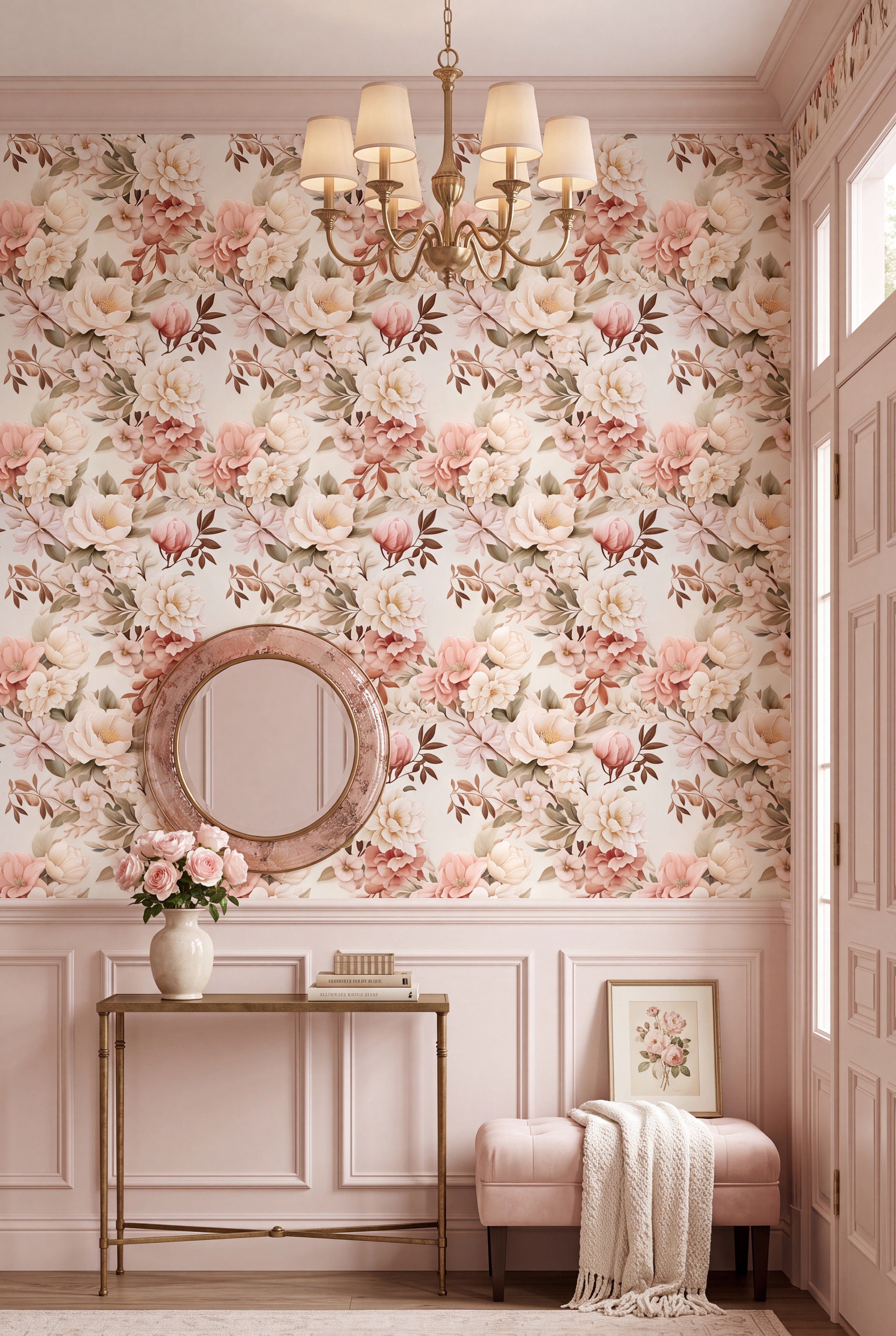 Antique Blush wallpaper shown in an entryway