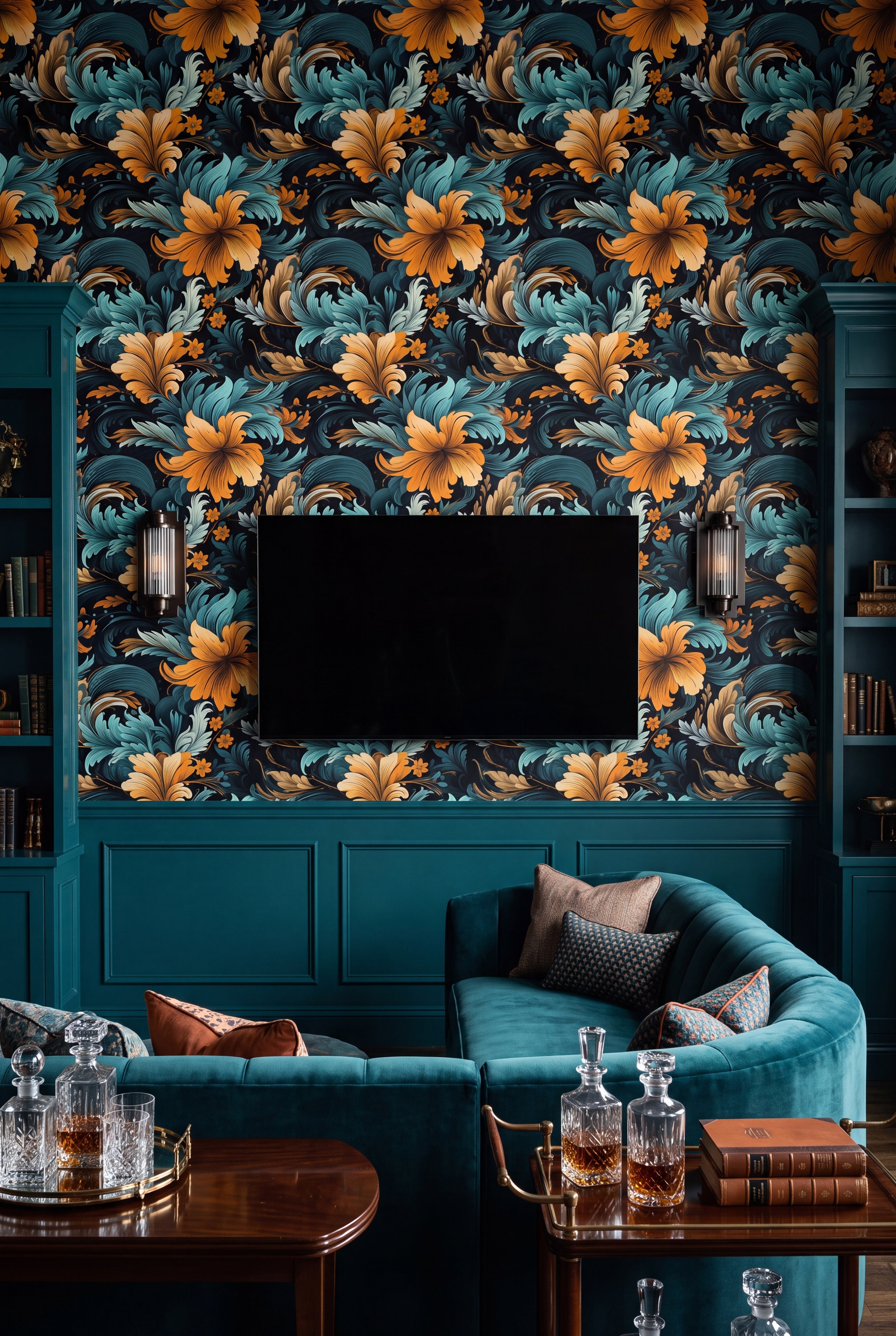 Palazzo wallpaper shown in a media room