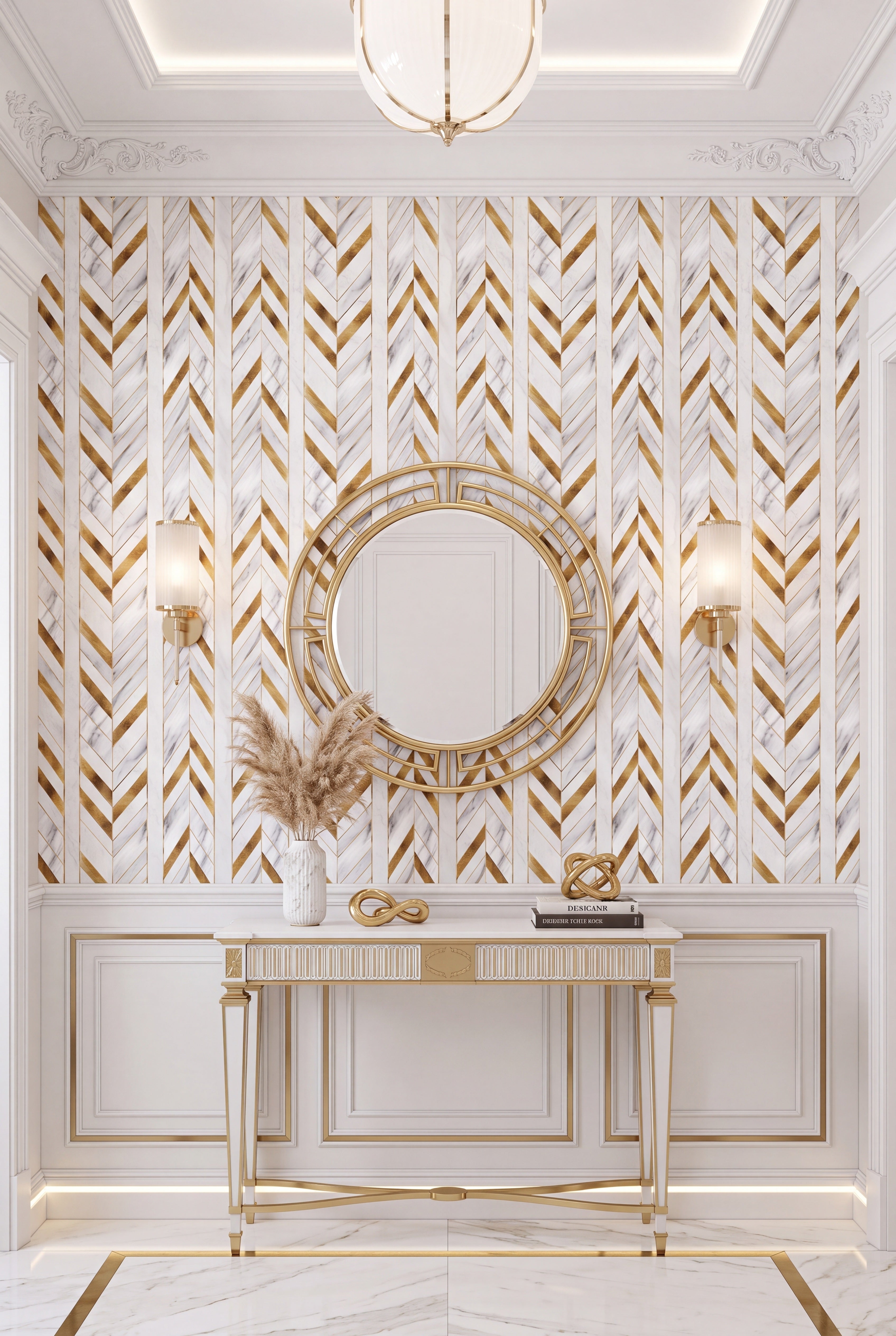 Gilded Chevron wallpaper shown in an entryway