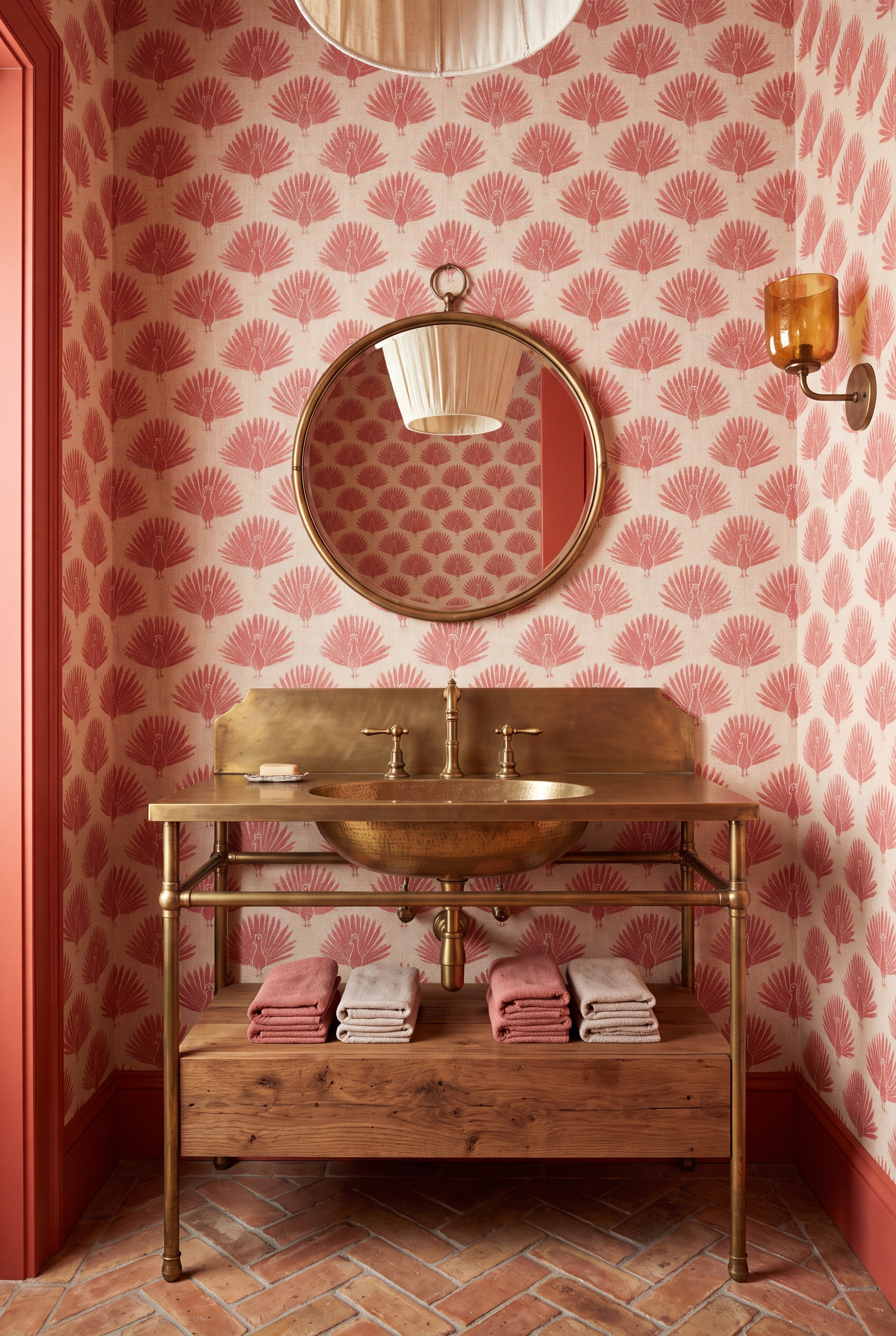Blush Peacock wallpaper shown in a powder room