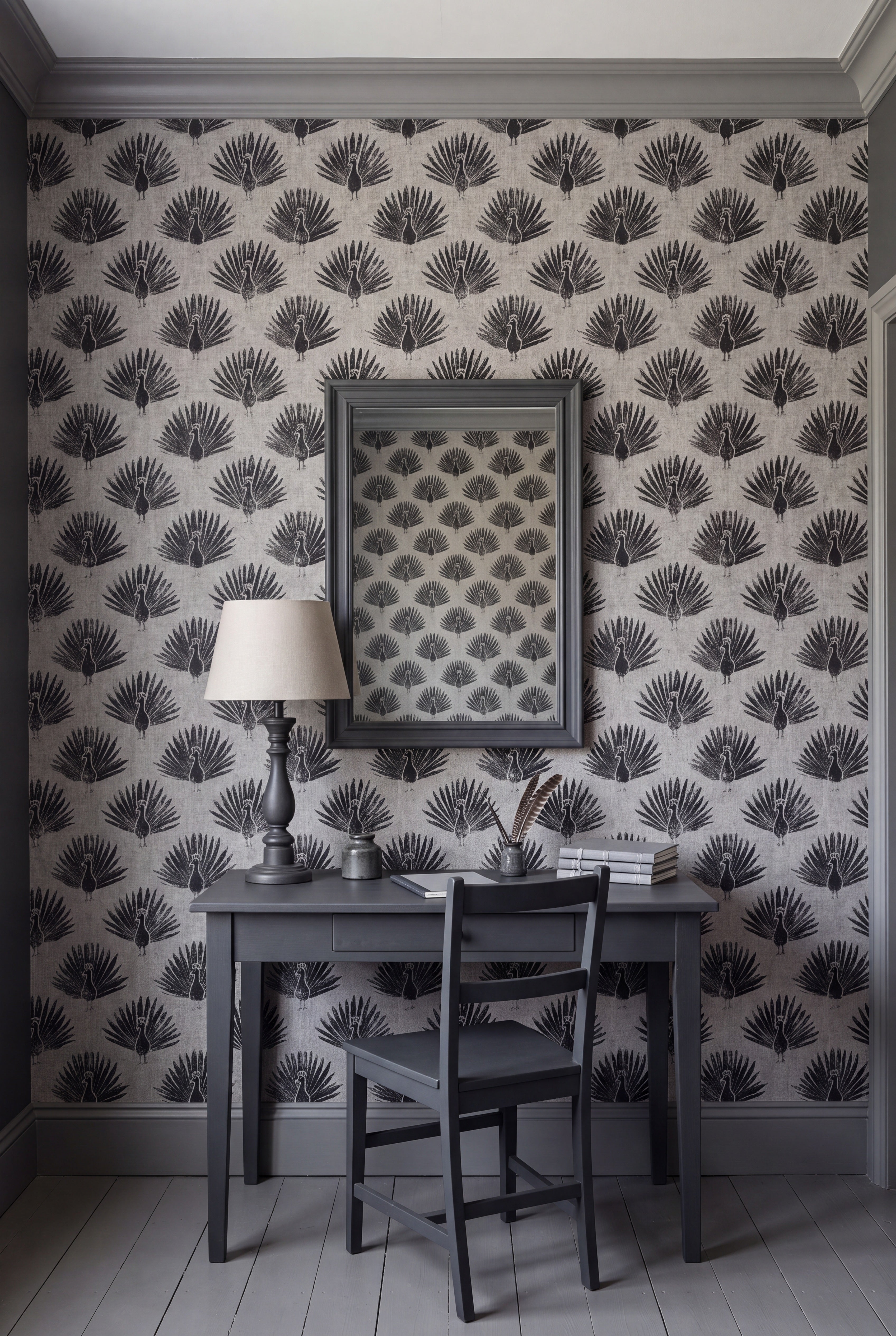 Peacock Noir wallpaper shown in a home office