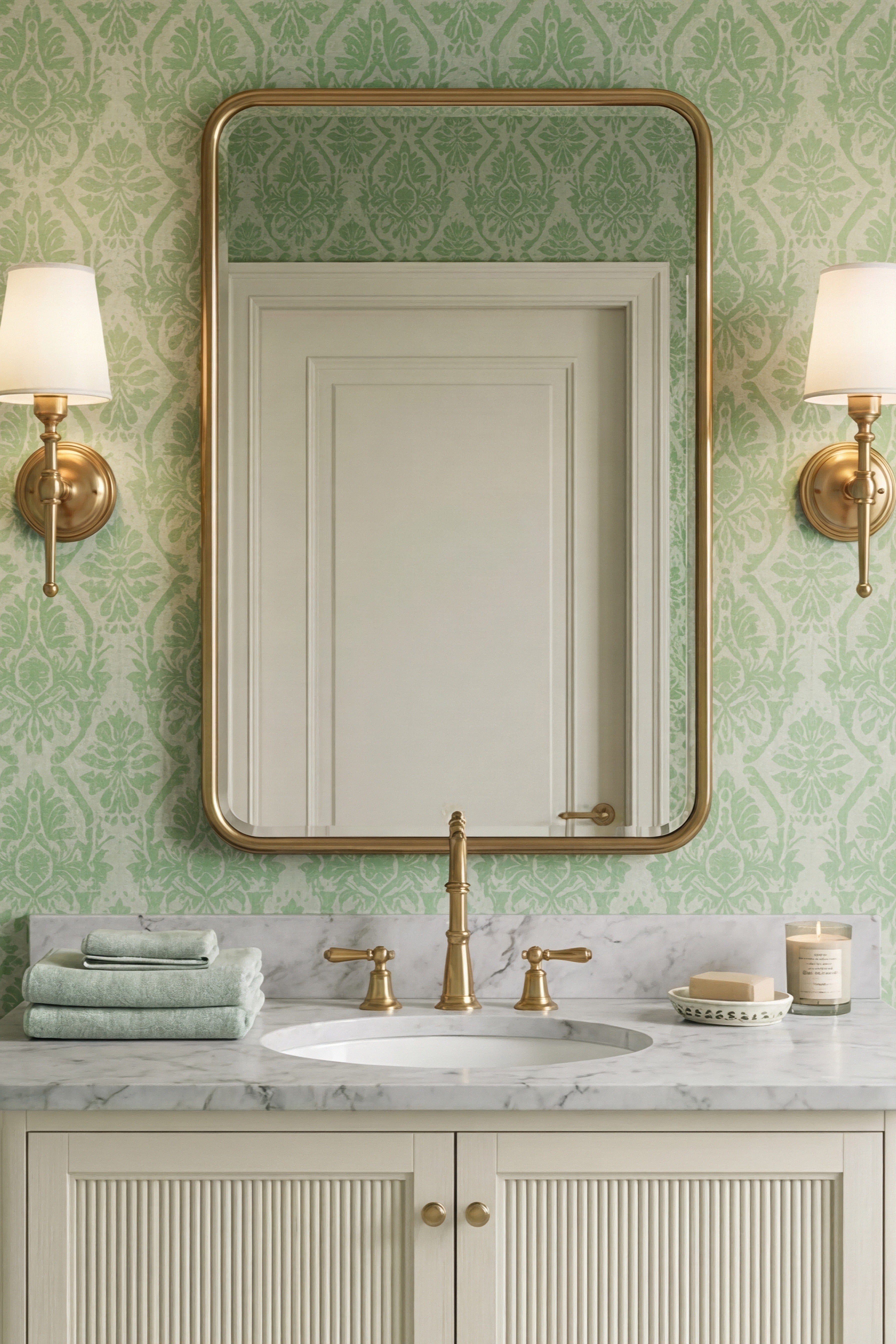 Ivy Damask wallpaper shown in a powder room