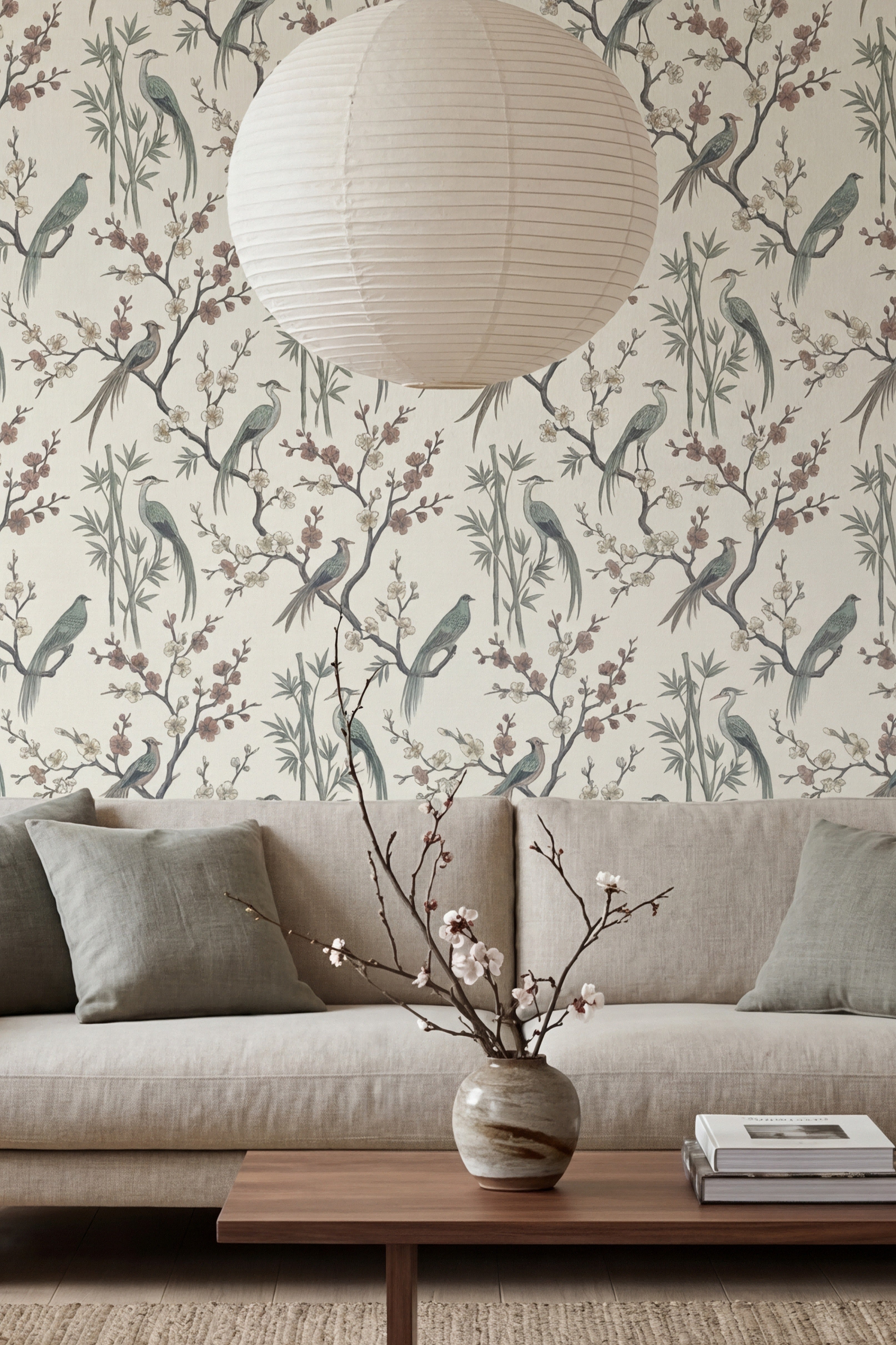 Crane Garden wallpaper shown in a living room