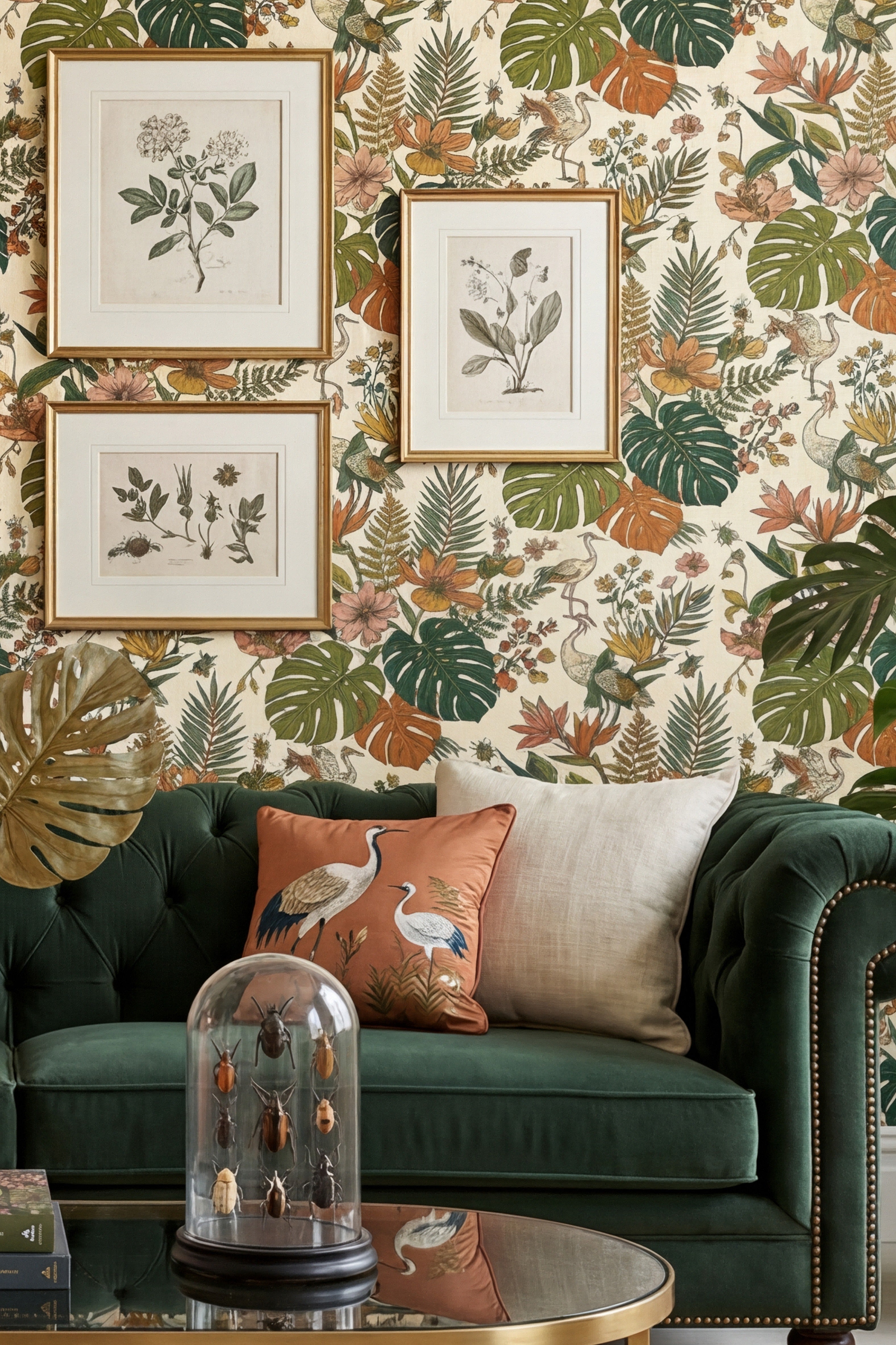 Monstera Mambo wallpaper shown in a living room