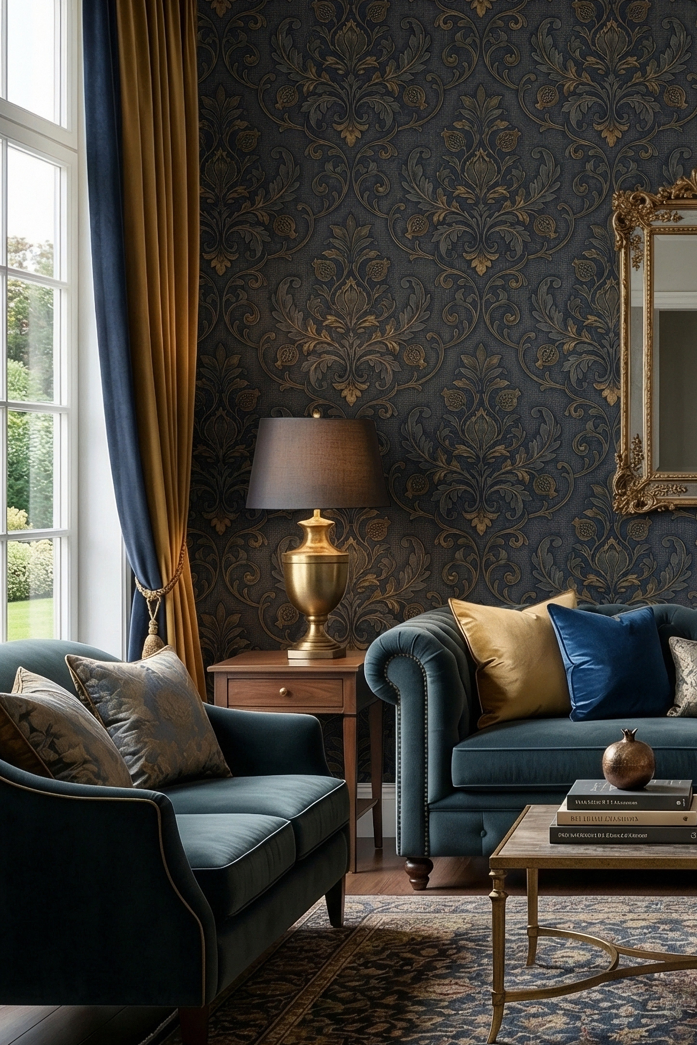 Midnight Damask wallpaper shown in a living room
