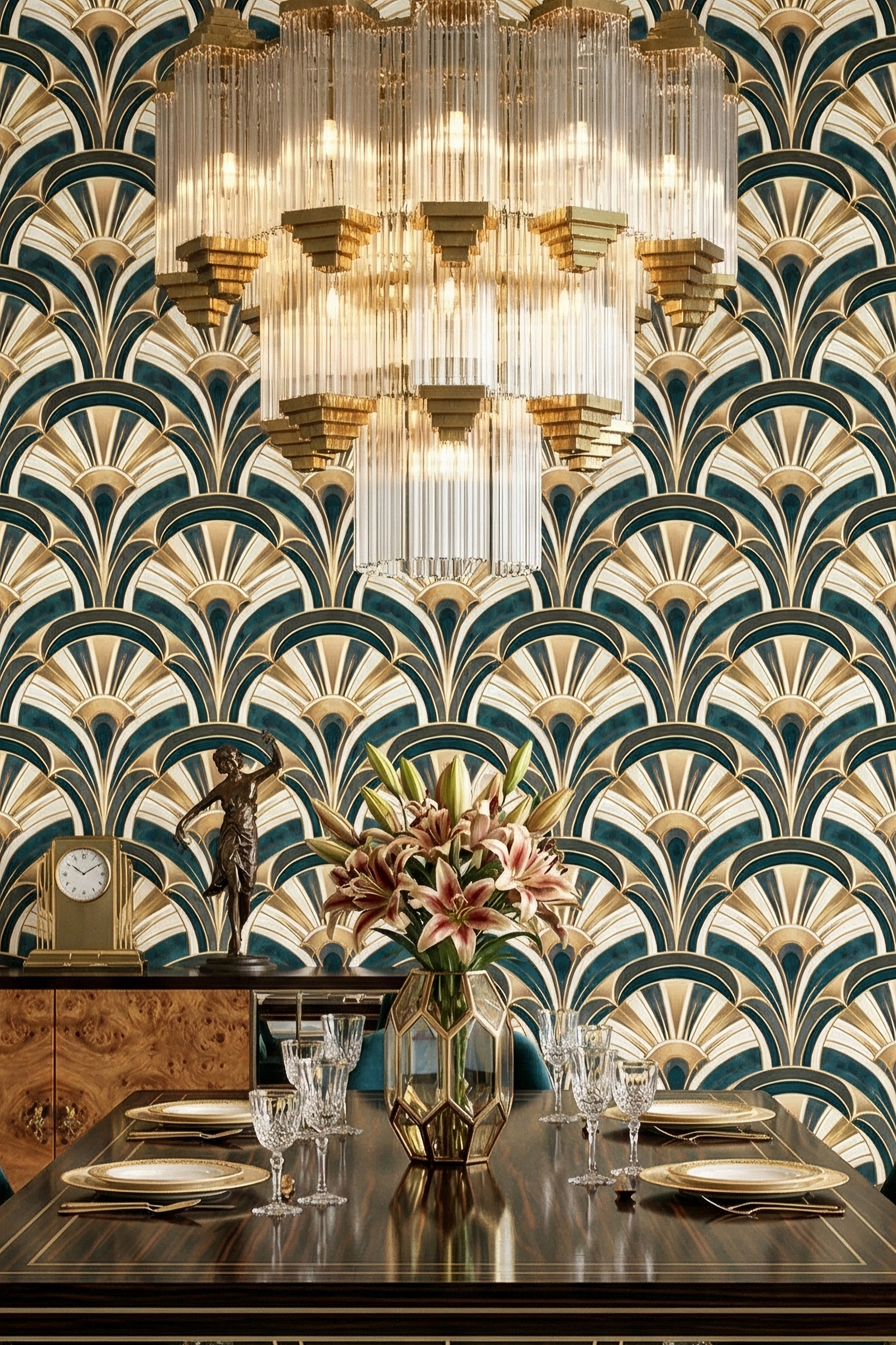 Jade Deco wallpaper shown in a dining room