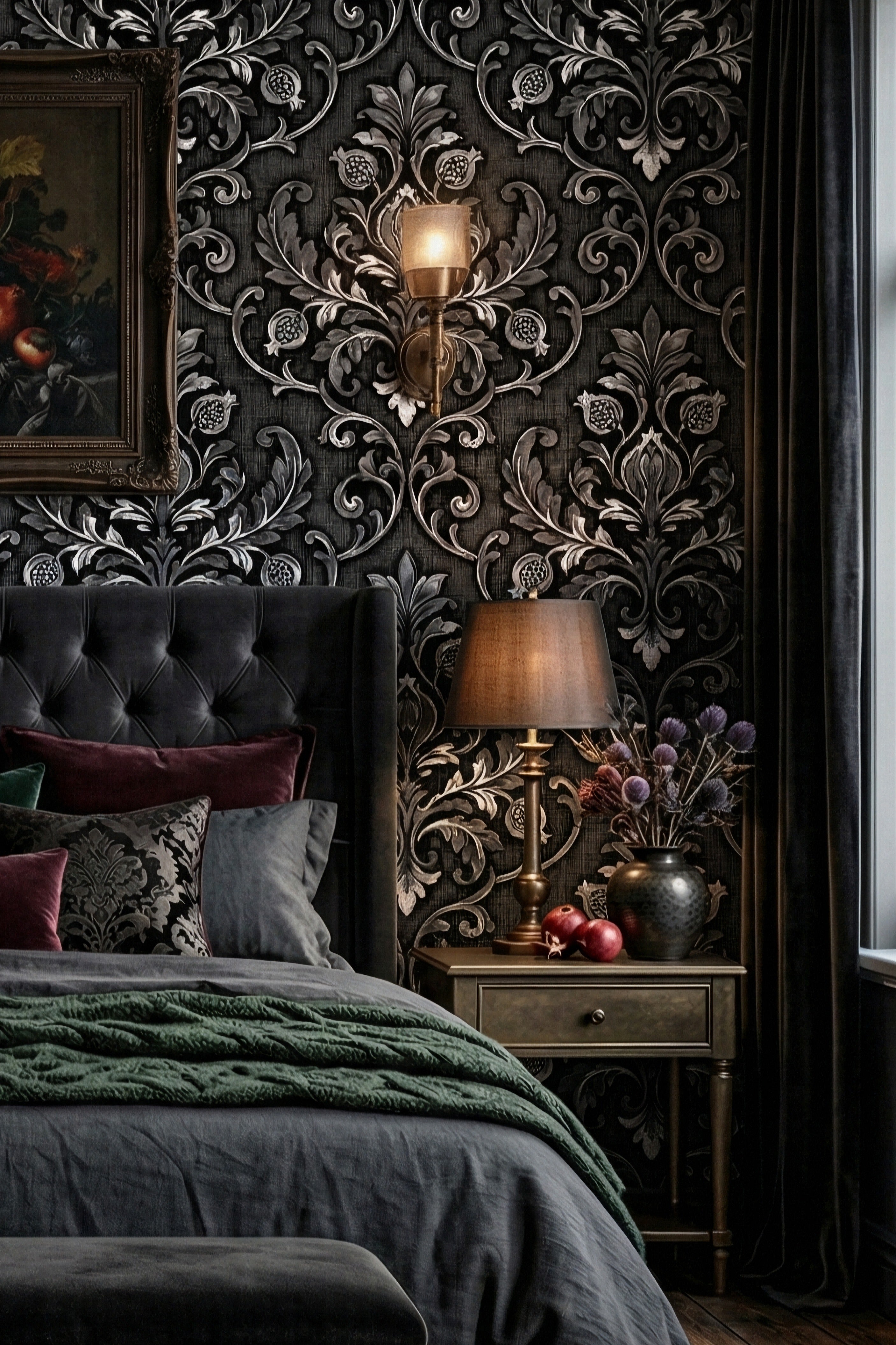 Sterling Gothic wallpaper shown in a bedroom