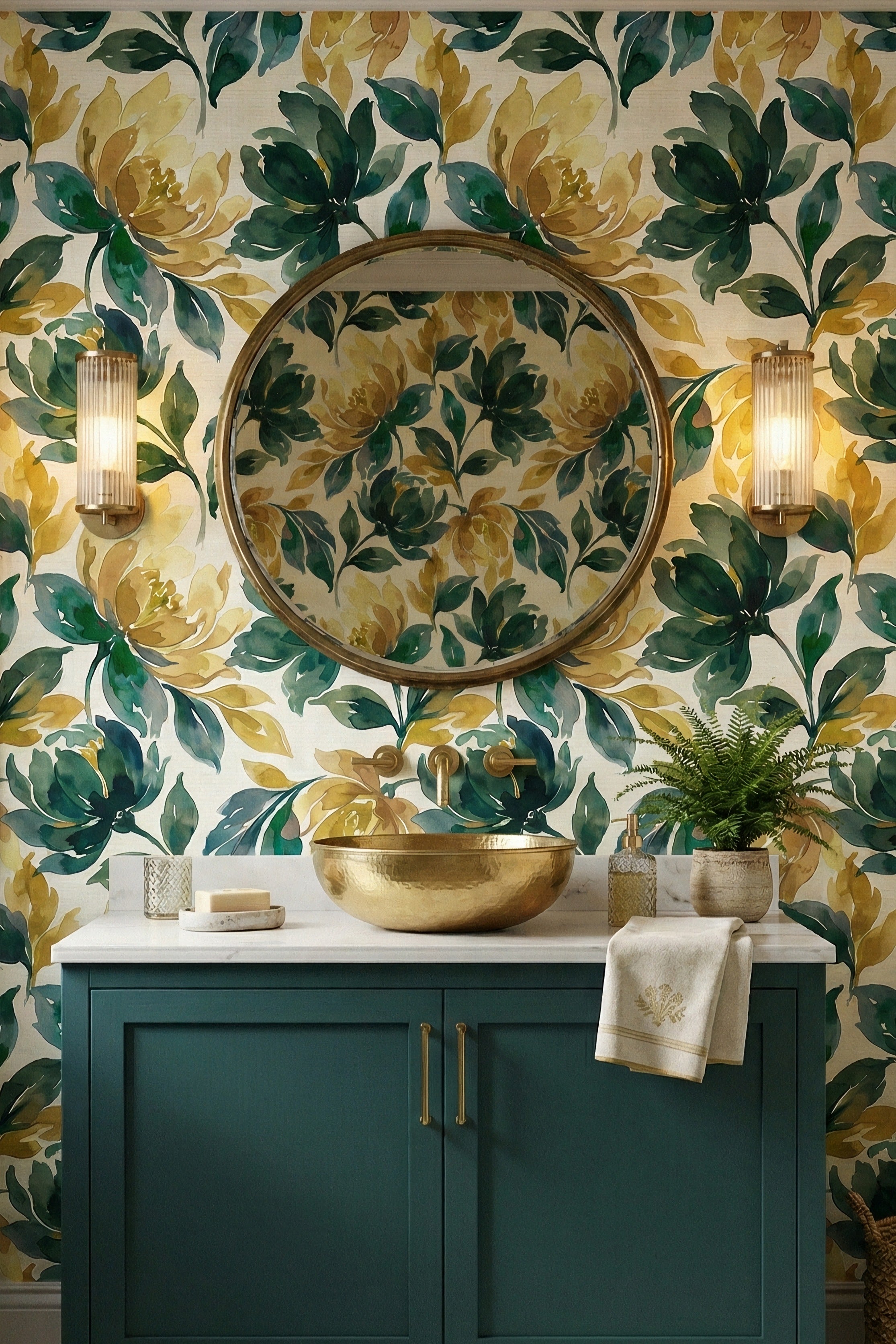 Meadow Medley wallpaper shown in a powder room