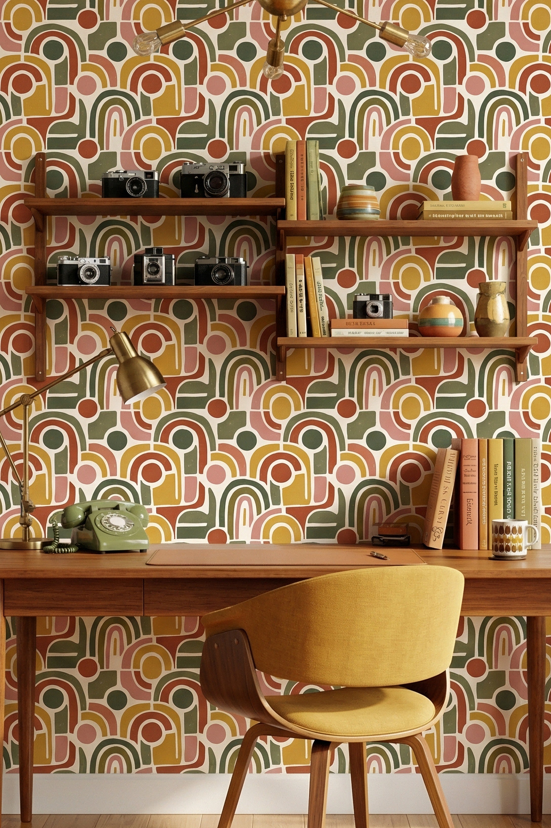 Rainbow Arcade wallpaper shown in a home office