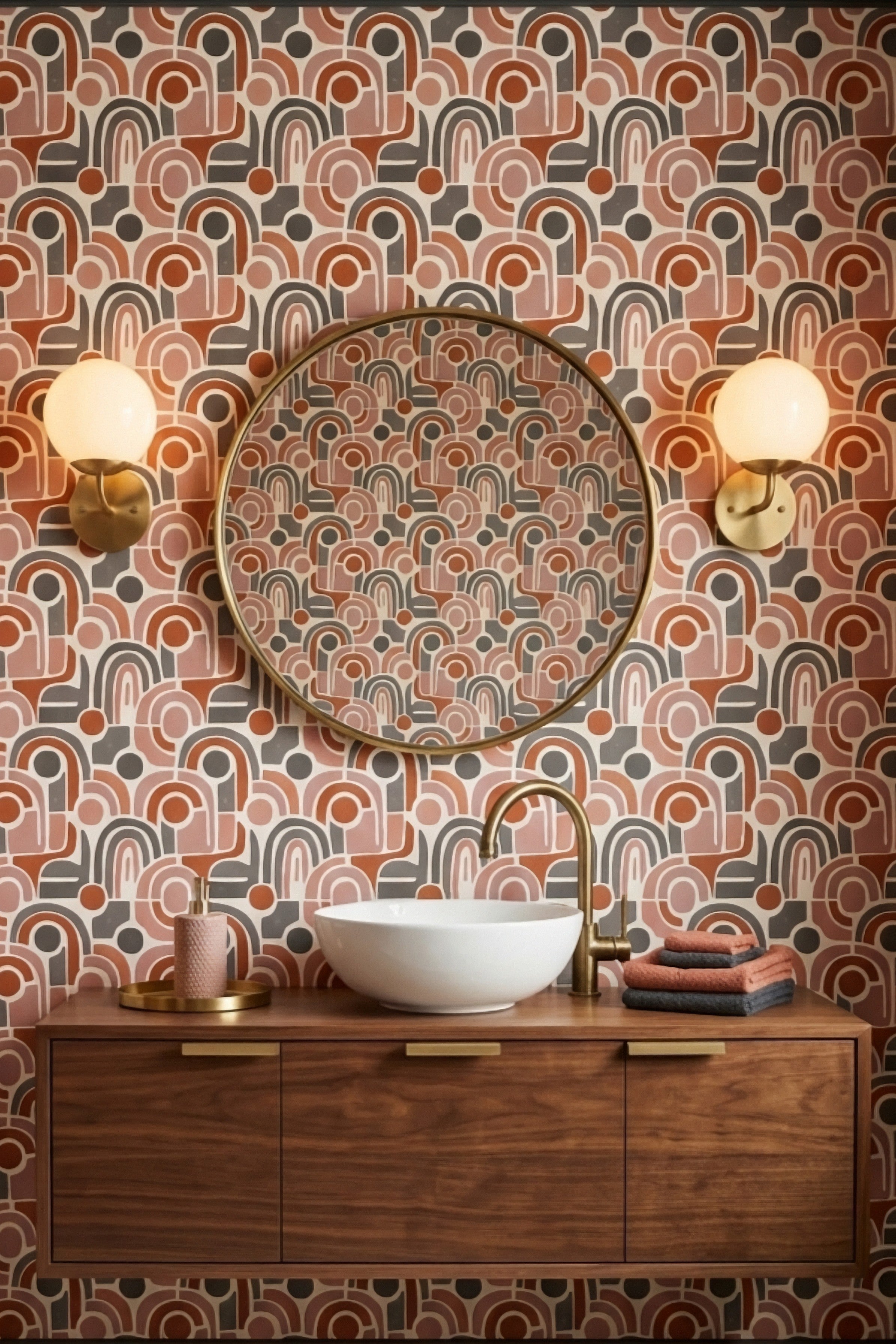 Blush Century wallpaper shown in a powder room
