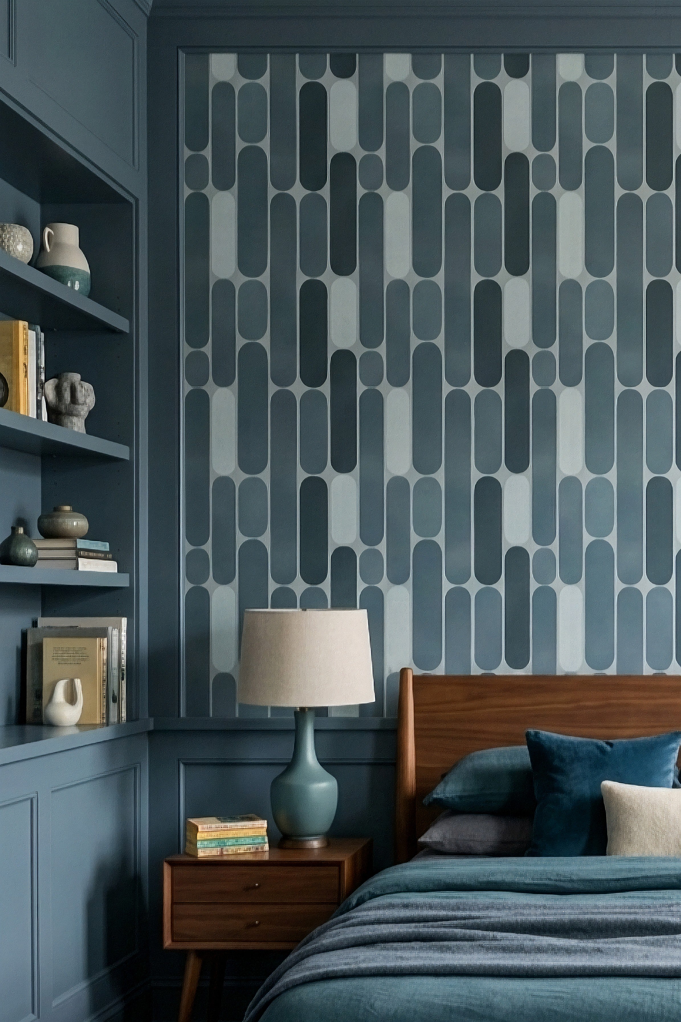 Slate Century wallpaper shown in a bedroom