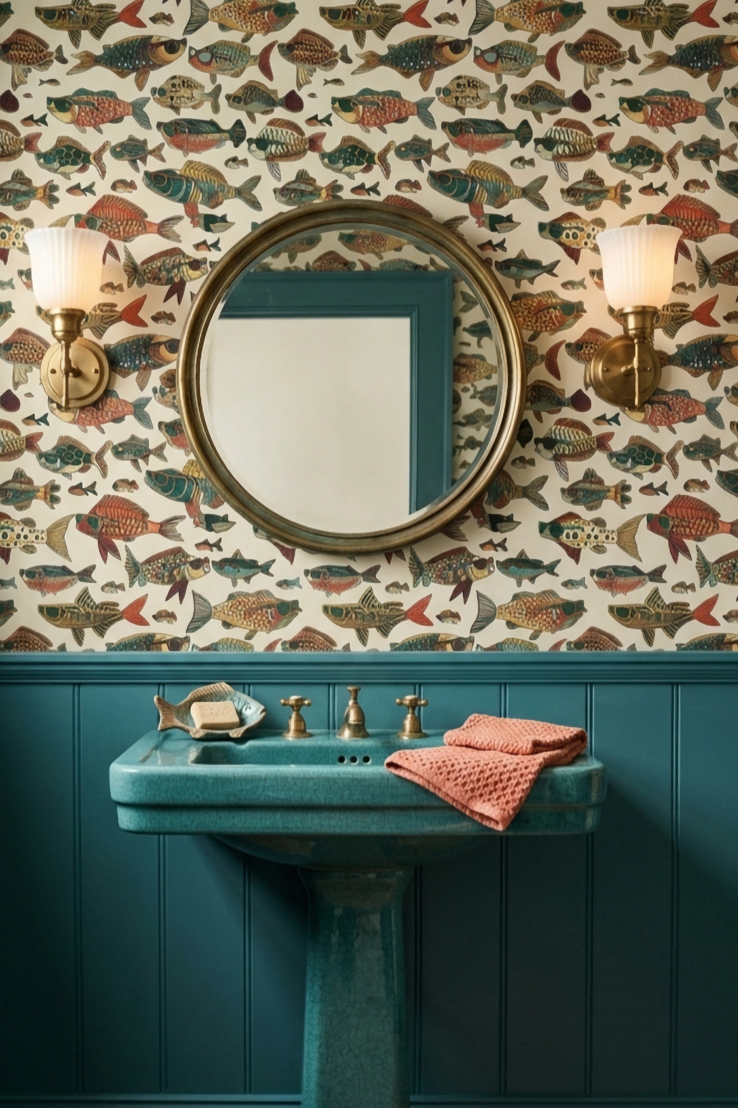 School's Out wallpaper shown in a powder room