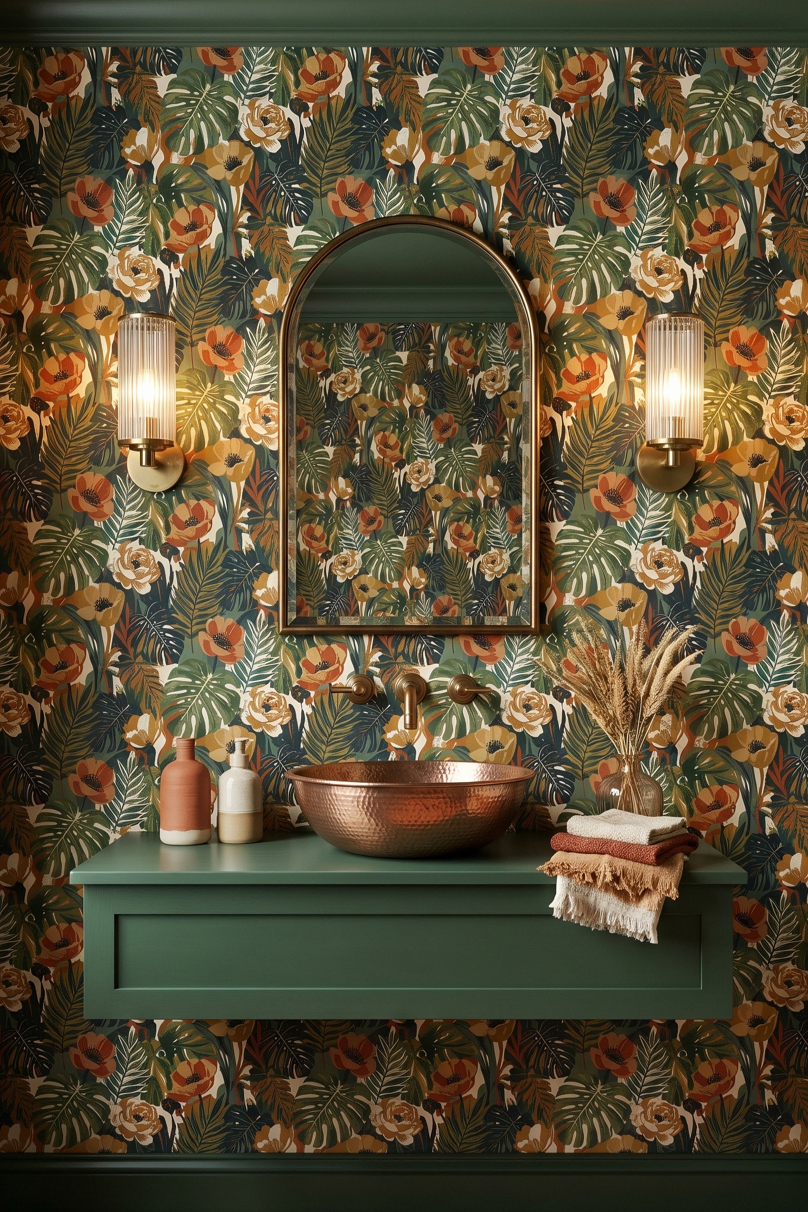 Boho Tropics wallpaper shown in a powder room